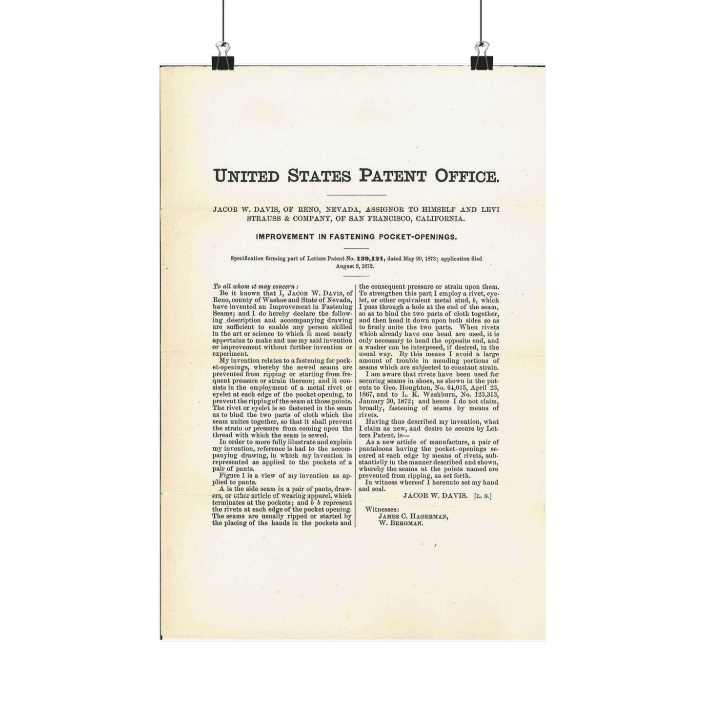 Patent Case File No. 139,121, Improvement in Fastening Pocket Openings, Inventor- Jacob W. Davis - DPLA - afb017b06366ded5b3d9735cb413b735 (page 29) High Quality Matte Wall Art Poster for Home, Office, Classroom