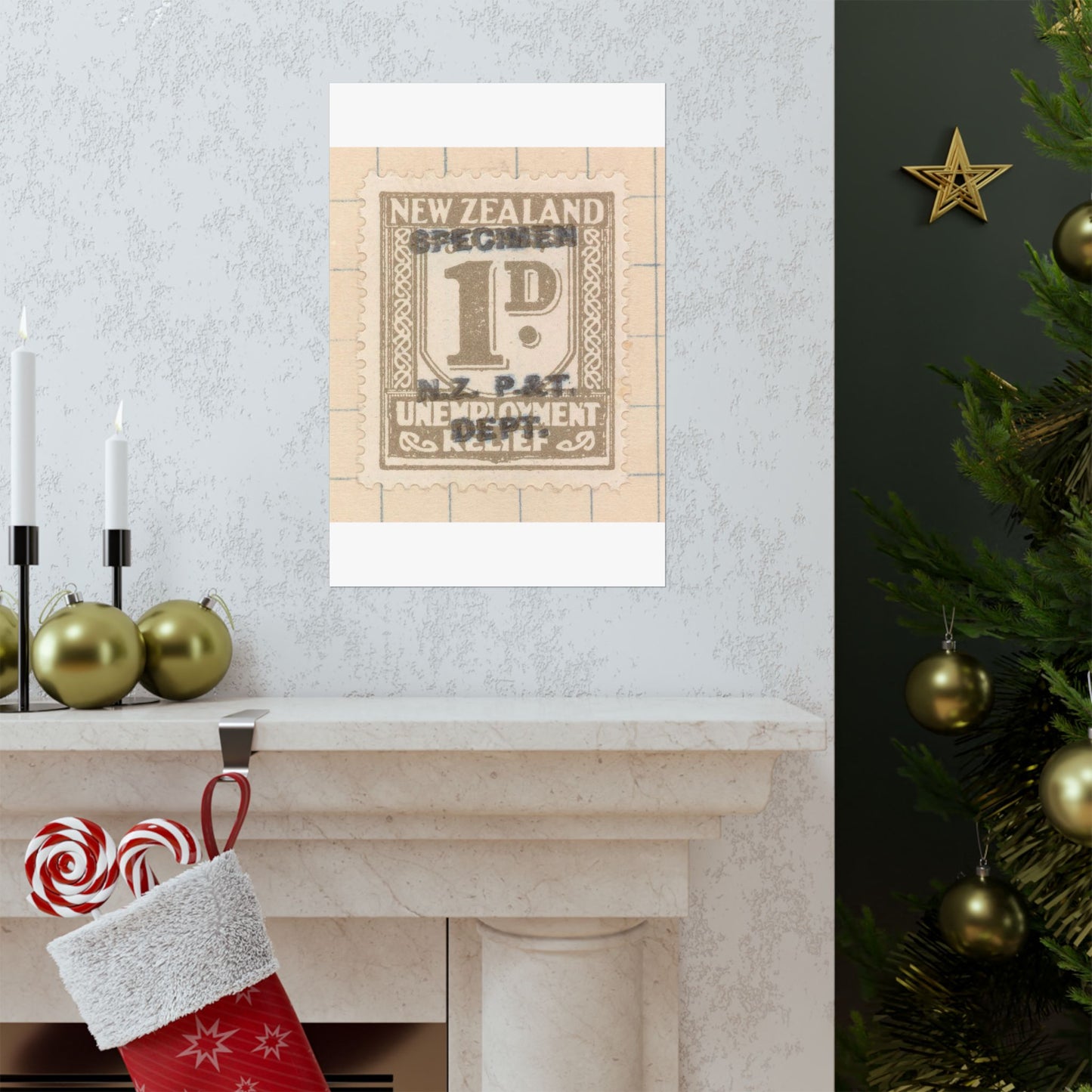 One penny Unemployment Relief stamp overprinted 'Specimen' High Quality Matte Wall Art Poster for Home, Office, Classroom