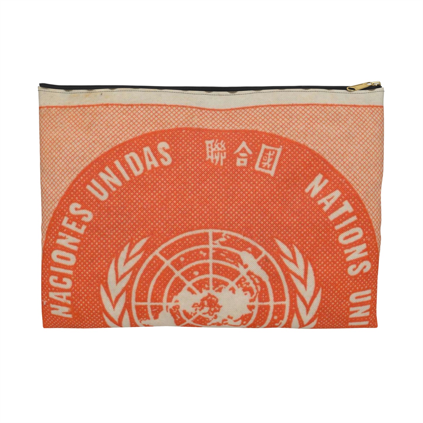 Frimärke ur Gösta Bodmans filatelistiska motivsamling, påbörjad 1950.Frimärke från Nations Unies 1958. Motiv av F. N.- märket. Large Organizer Pouch with Black Zipper