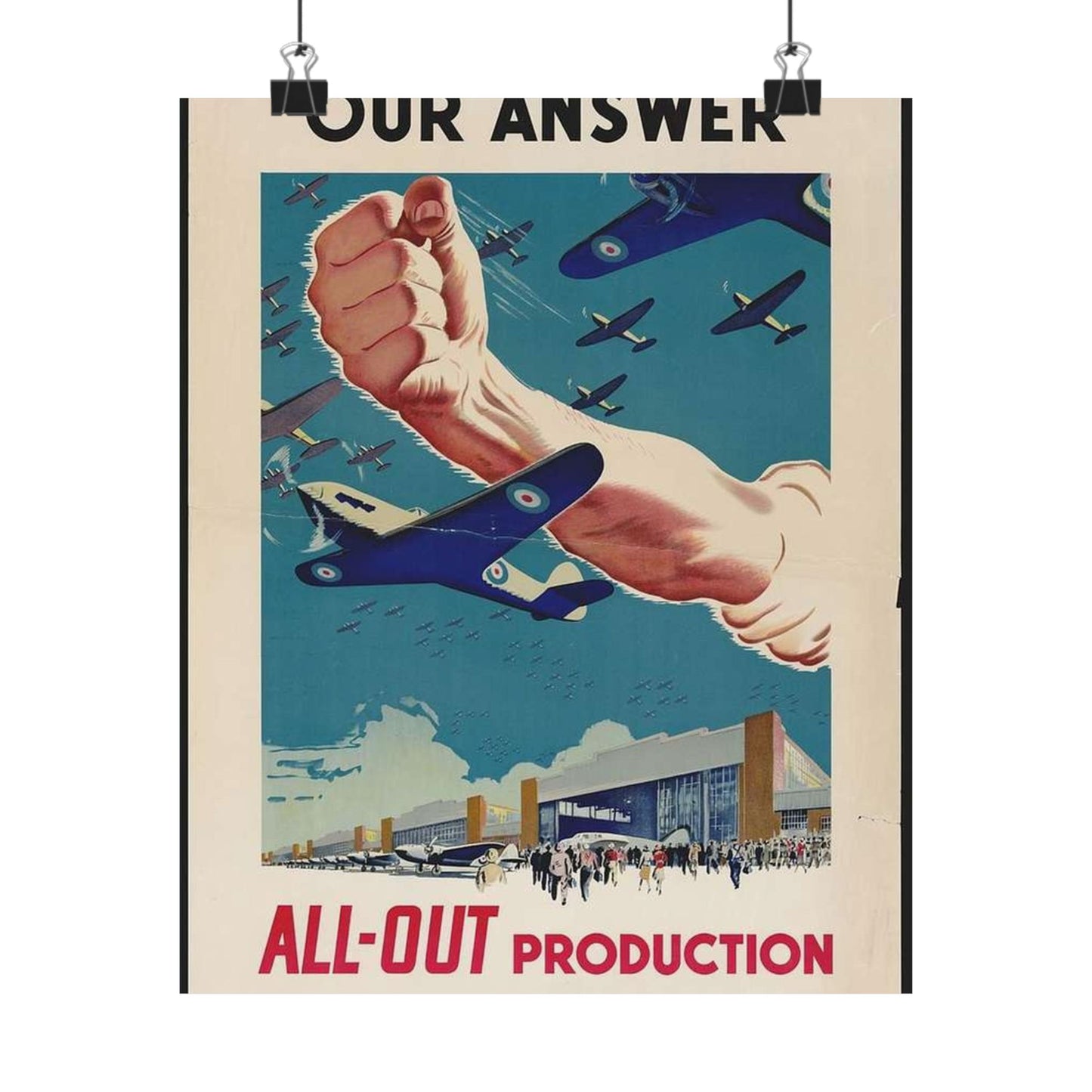 Our Answer All-Out Production, Canada, WWII Propaganda Poster High Quality Matte Wall Art Poster for Home, Office, Classroom