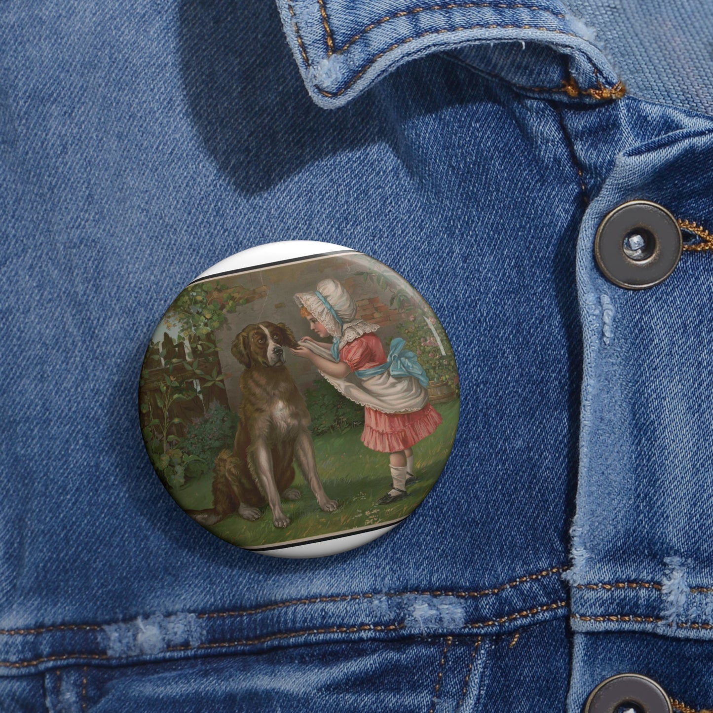 Girl in pink dress and white bonnet with dog Pin Buttons with Crisp Design