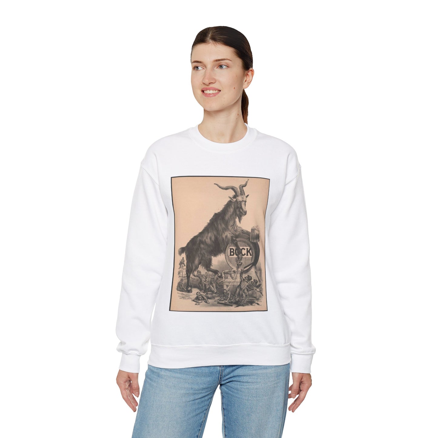 Giant bock goat resting on a keg, holding a mug of beer, men under the goat scrambling White Heavy Blend Adult Crew Neck SweatShirt