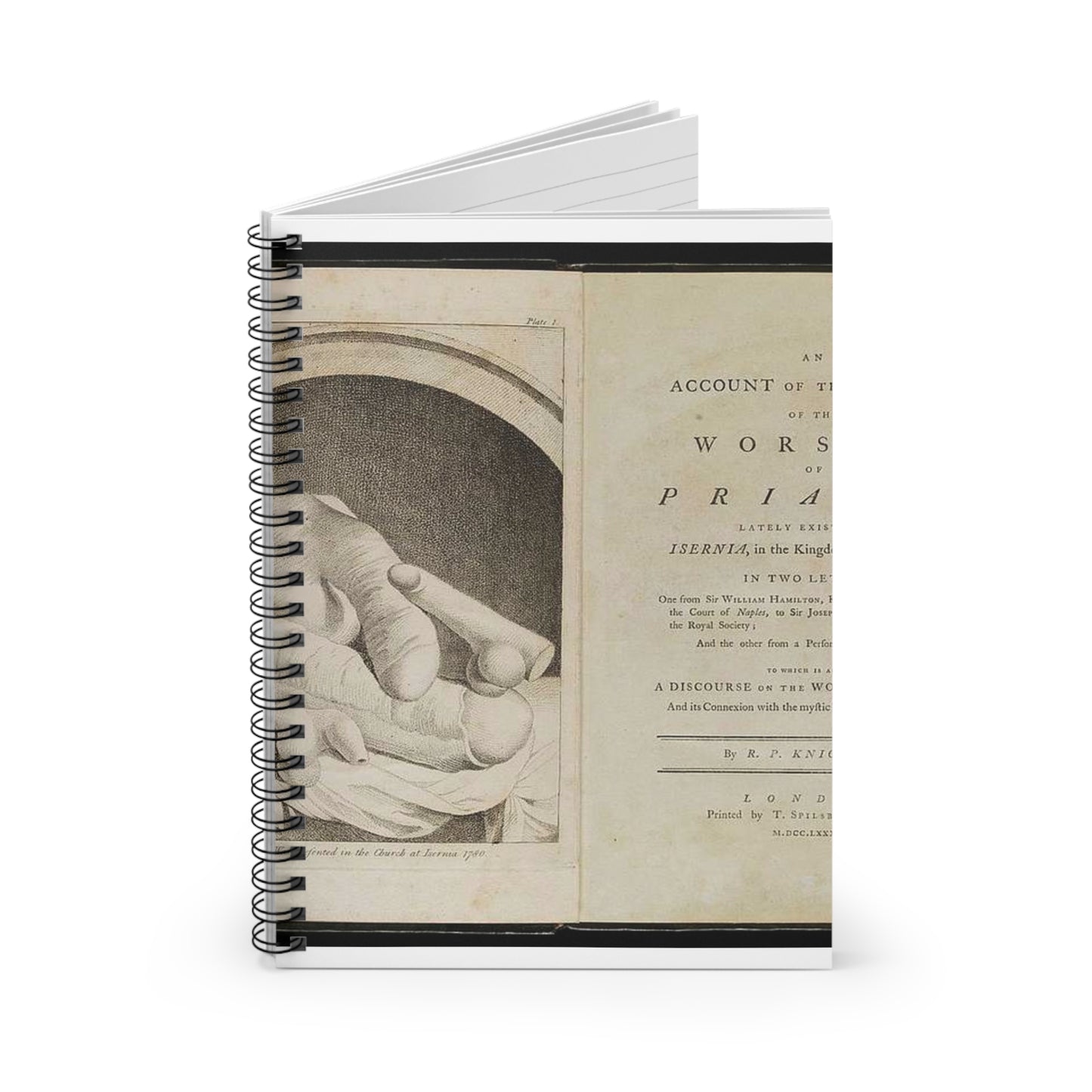 Priapworship - An old book with a drawing of a woman holding a baby Spiral Bound Ruled Notebook with Printed Cover