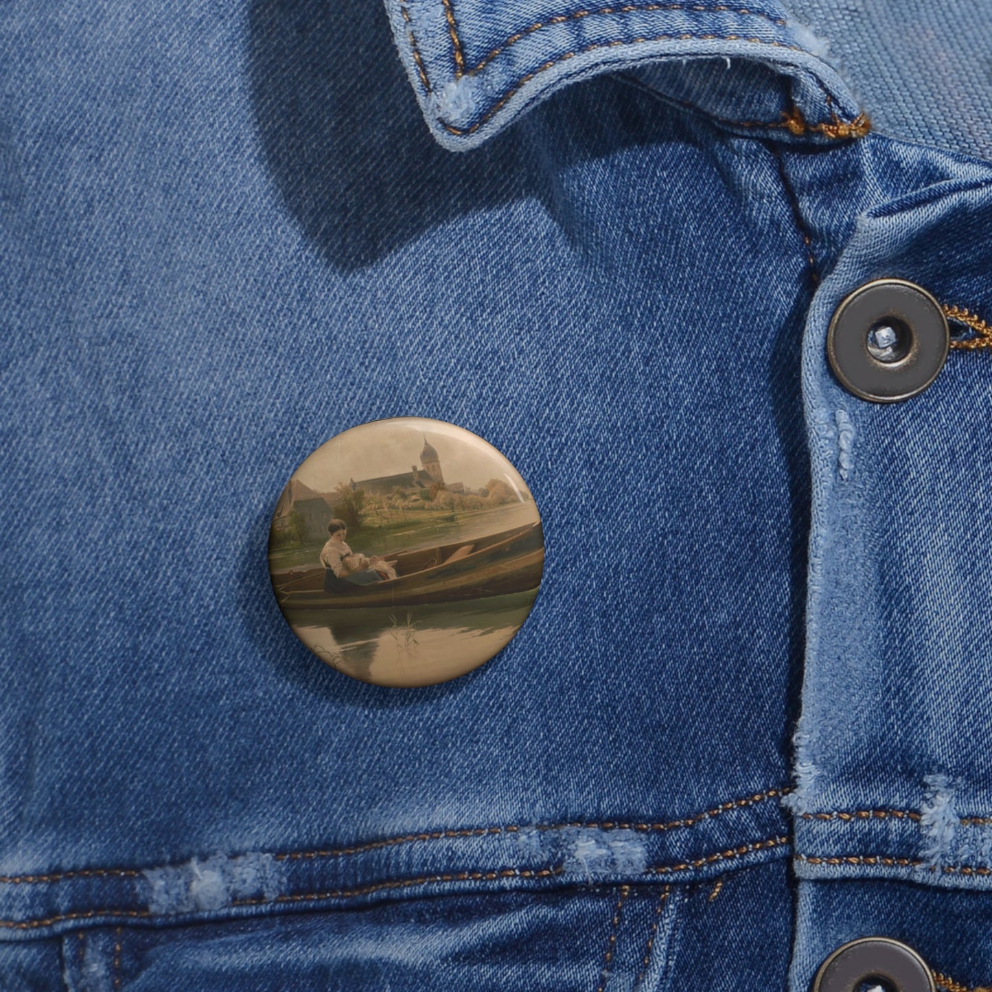 Woman holding infant in rowboat Pin Buttons with Crisp Design