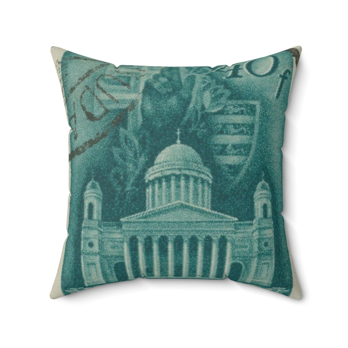 Frimärke ur Gösta Bodmans filatelistiska motivsamling, påbörjad 1950.Frimärke från Ungern, 1939. Motiv av Basilikan i Eszergom. Decorative Accent Square Pillow