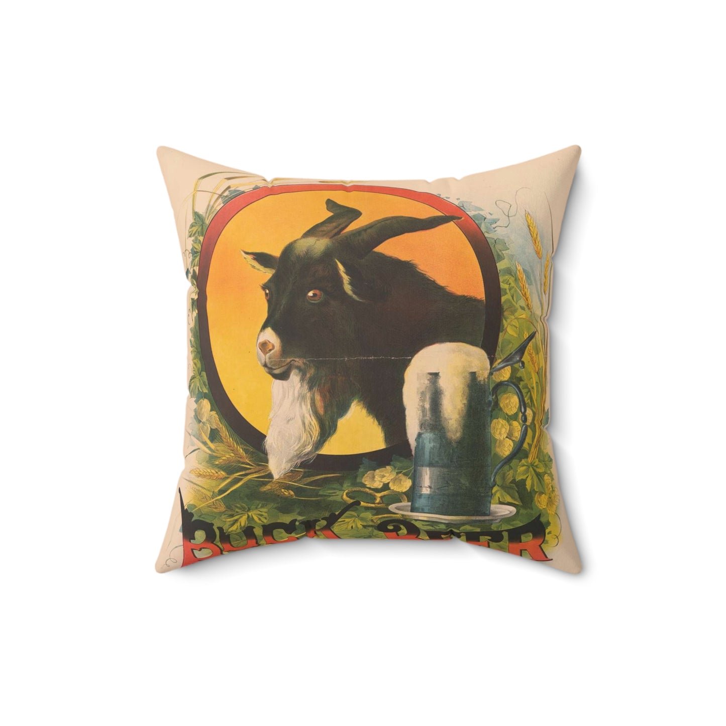Bock Beer, the head of a goat inside an oval, with a stein of beer sitting on a bed of hops, underneath the oval Decorative Accent Square Pillow