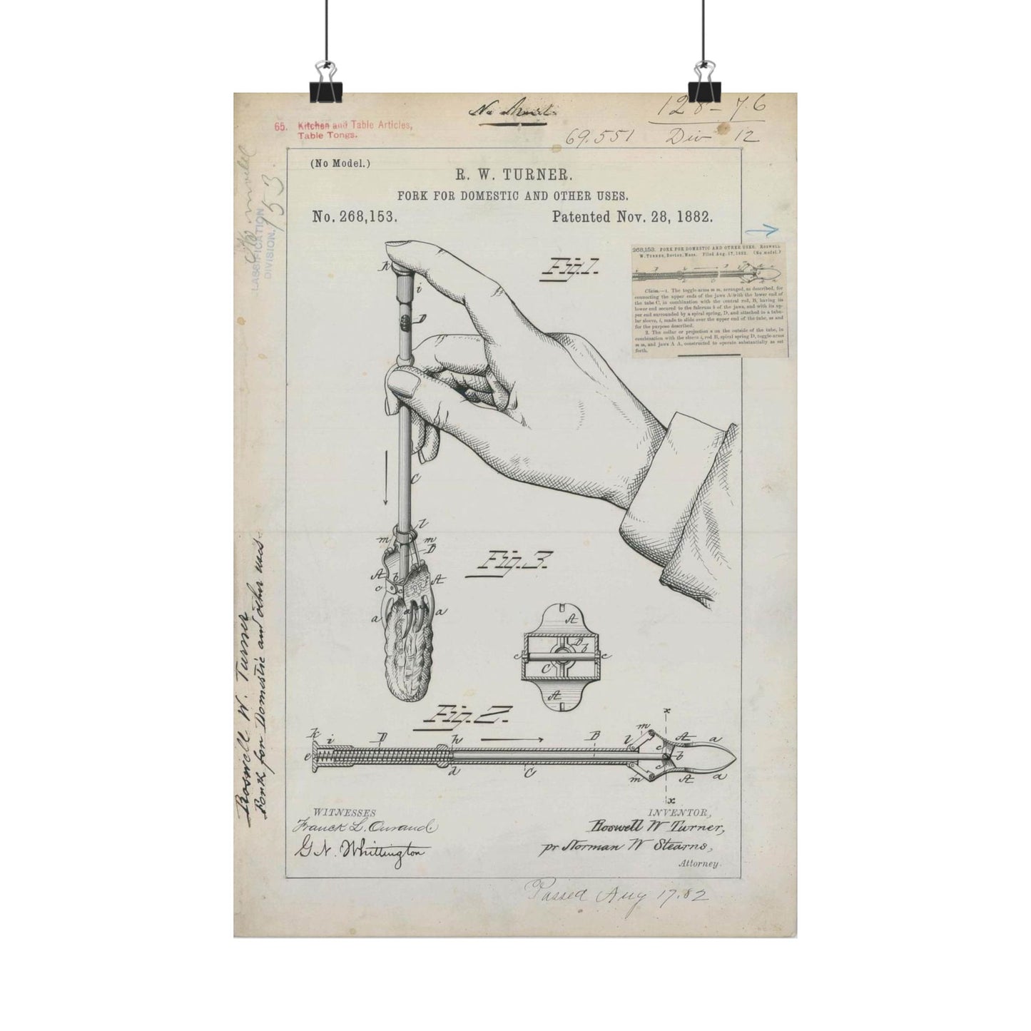 Patent drawing - for R. W. Turner's Fork for Domestic and Other Uses Public domain  image High Quality Matte Wall Art Poster for Home, Office, Classroom