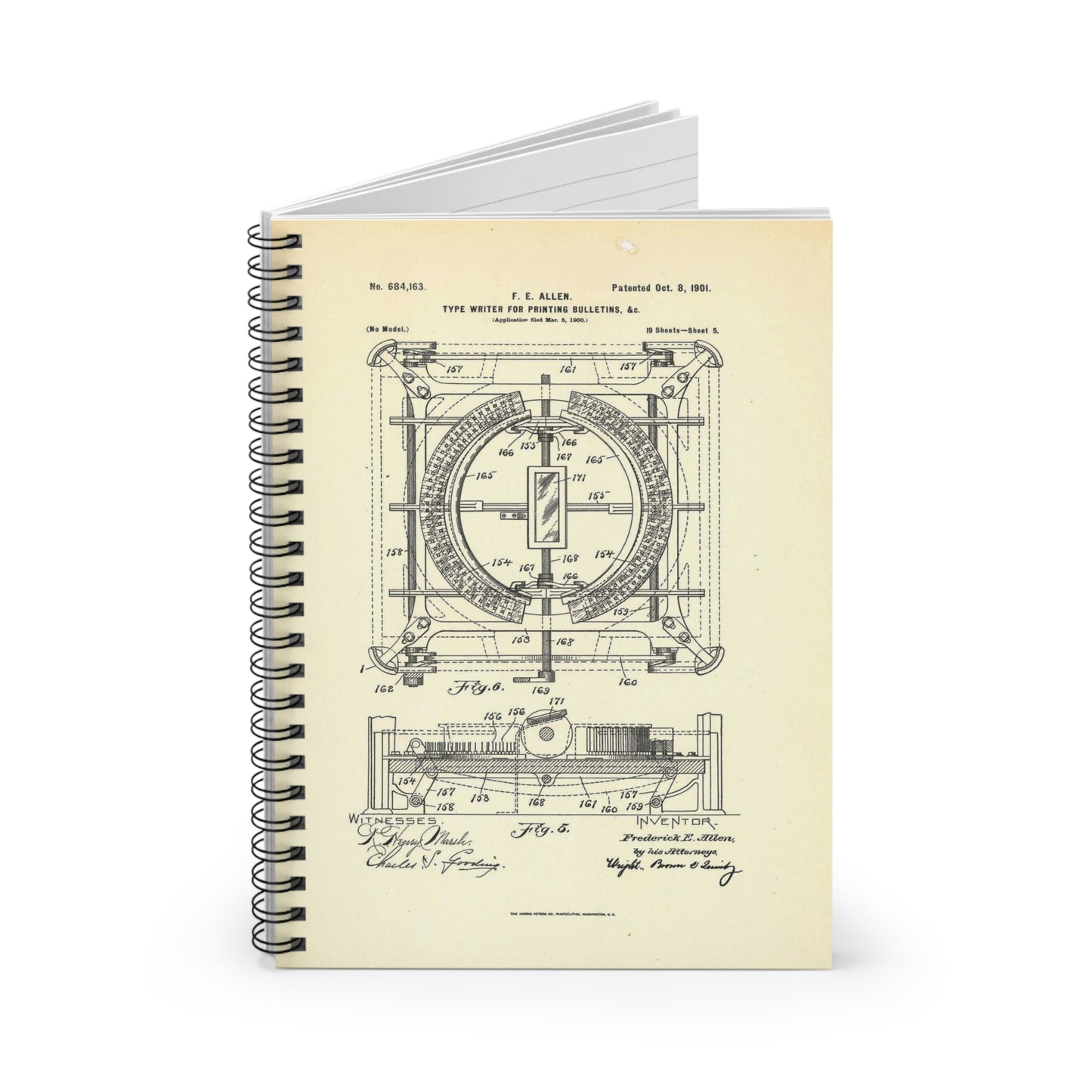 Patent Case File No. 684,163, Typewriter for Printing Bulletins, etc., Inventor- Frederick E. Allen - DPLA - 7c154e563ade85b5dee046e199b8667b (page 168) Spiral Bound Ruled Notebook with Printed Cover