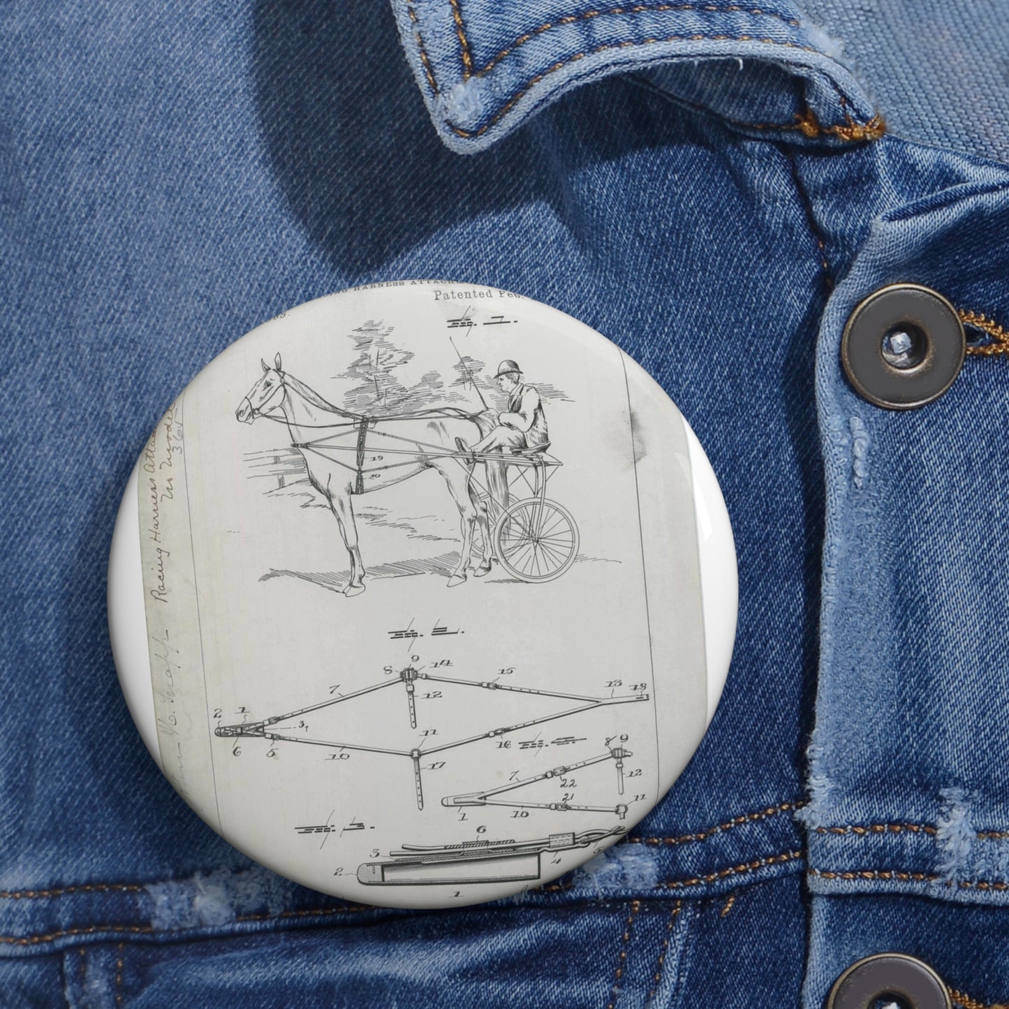 Patent drawing - for J. H. Snapp's Racing Harness Attachment Public domain  image Pin Buttons with Crisp Design