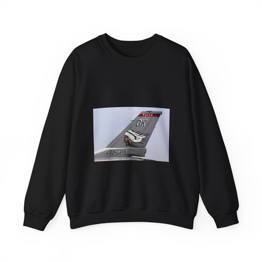 The tail flash of a F-16 Fighting Falcon aircraft from the 125th Fighter Squadron (FS), 138th Fighter Wing (FW), Oklahoma (OK), Air National Guard (ANG) Black Heavy Blend Adult Crew Neck SweatShirt