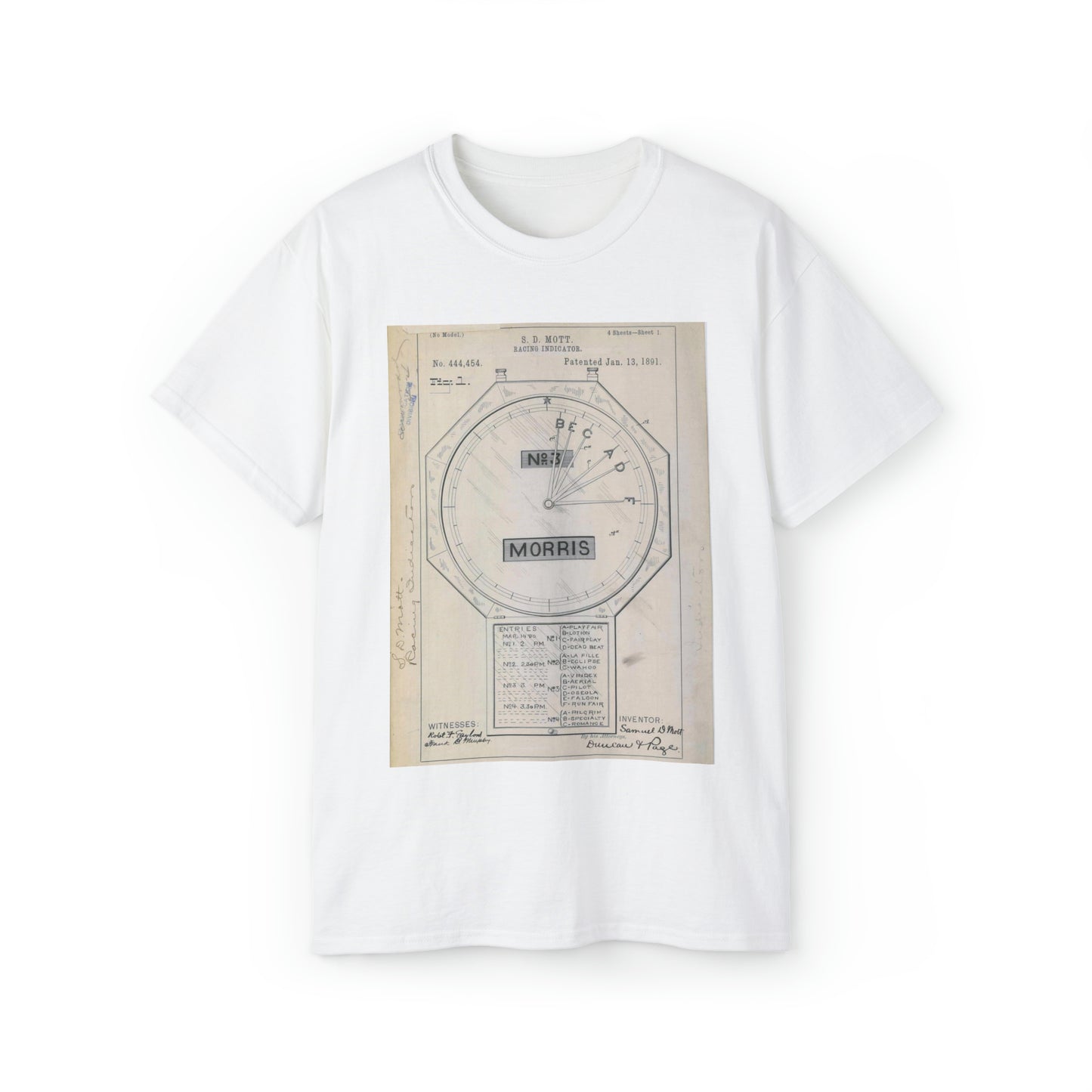 Patent drawing - for S. D. Mott's Racing Indicator Public domain  image White T-Shirt Gildan 2000 Cotton Unisex