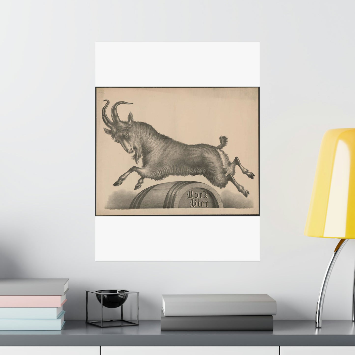 Bock Bier goat jumping over barrel marked with title High Quality Matte Wall Art Poster for Home, Office, Classroom