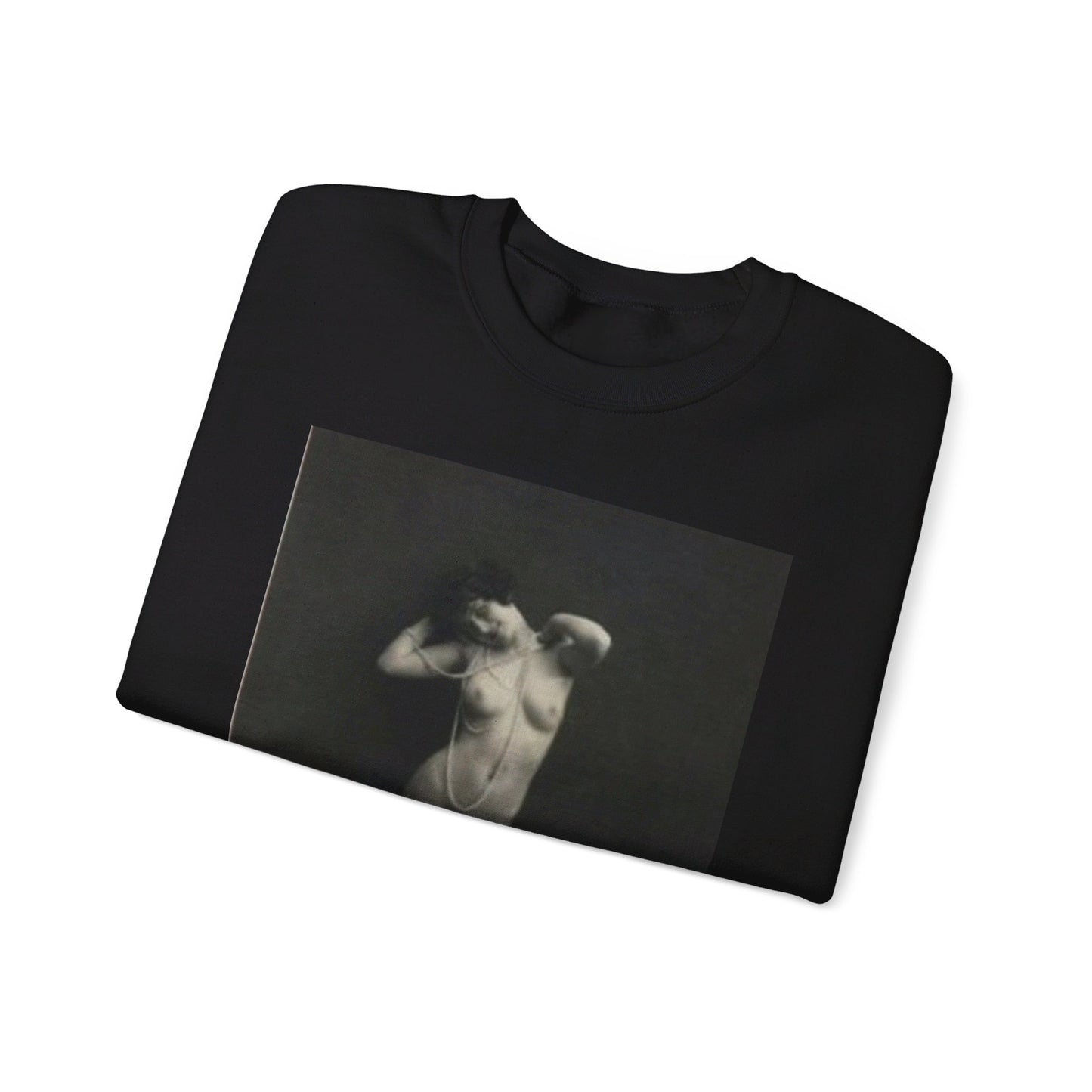 Erotic Art: WALERY - An old photo of a naked woman with pearls Black Heavy Blend Adult Crew Neck SweatShirt