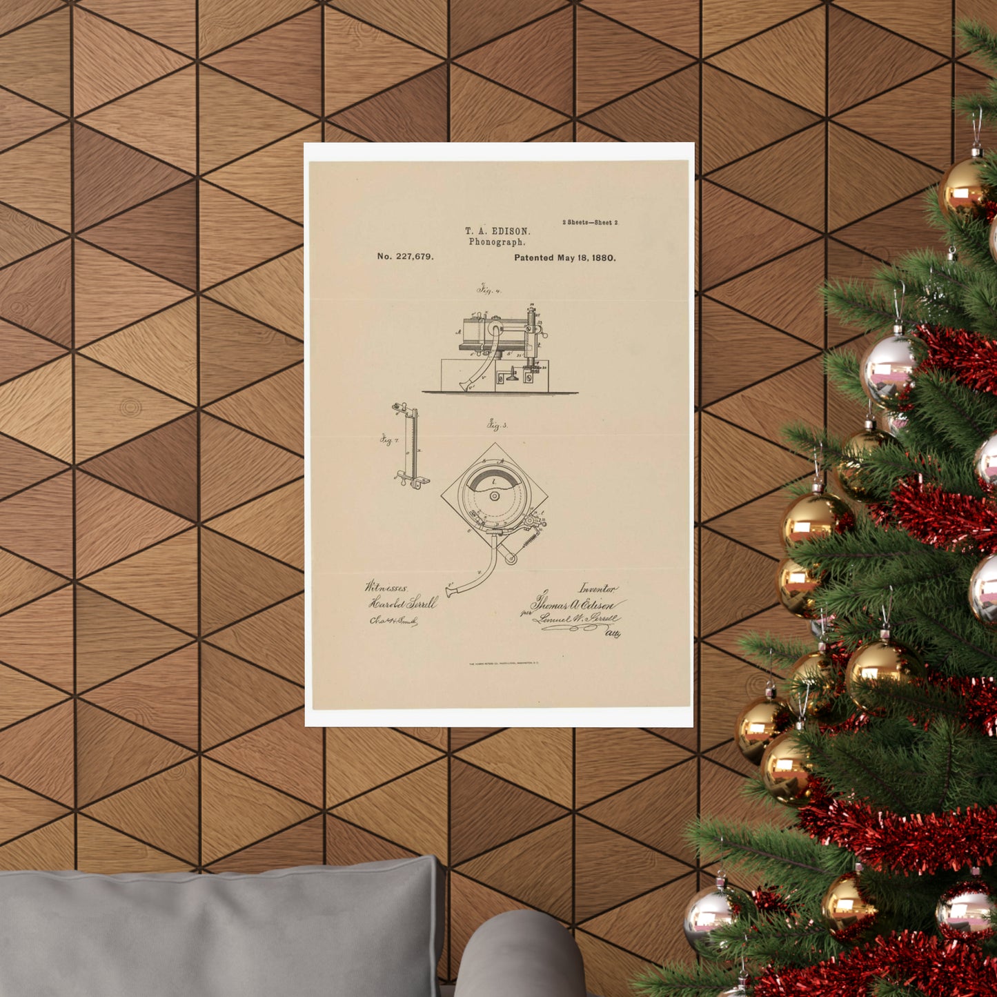 Patent Drawing of Engine - Drawing for a Phonograph Public domain  image High Quality Matte Wall Art Poster for Home, Office, Classroom