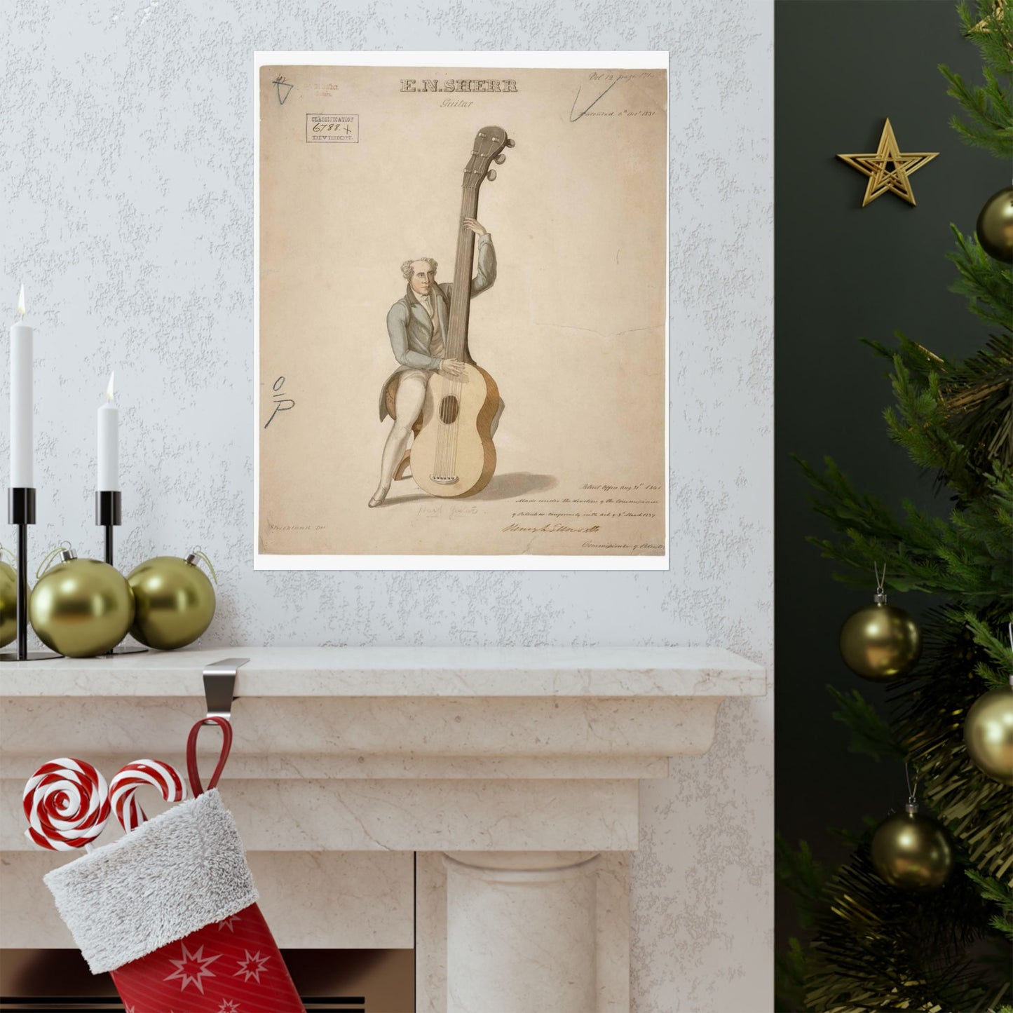 Patent drawing - Drawing of a Harp Guitar Public domain  image High Quality Matte Wall Art Poster for Home, Office, Classroom