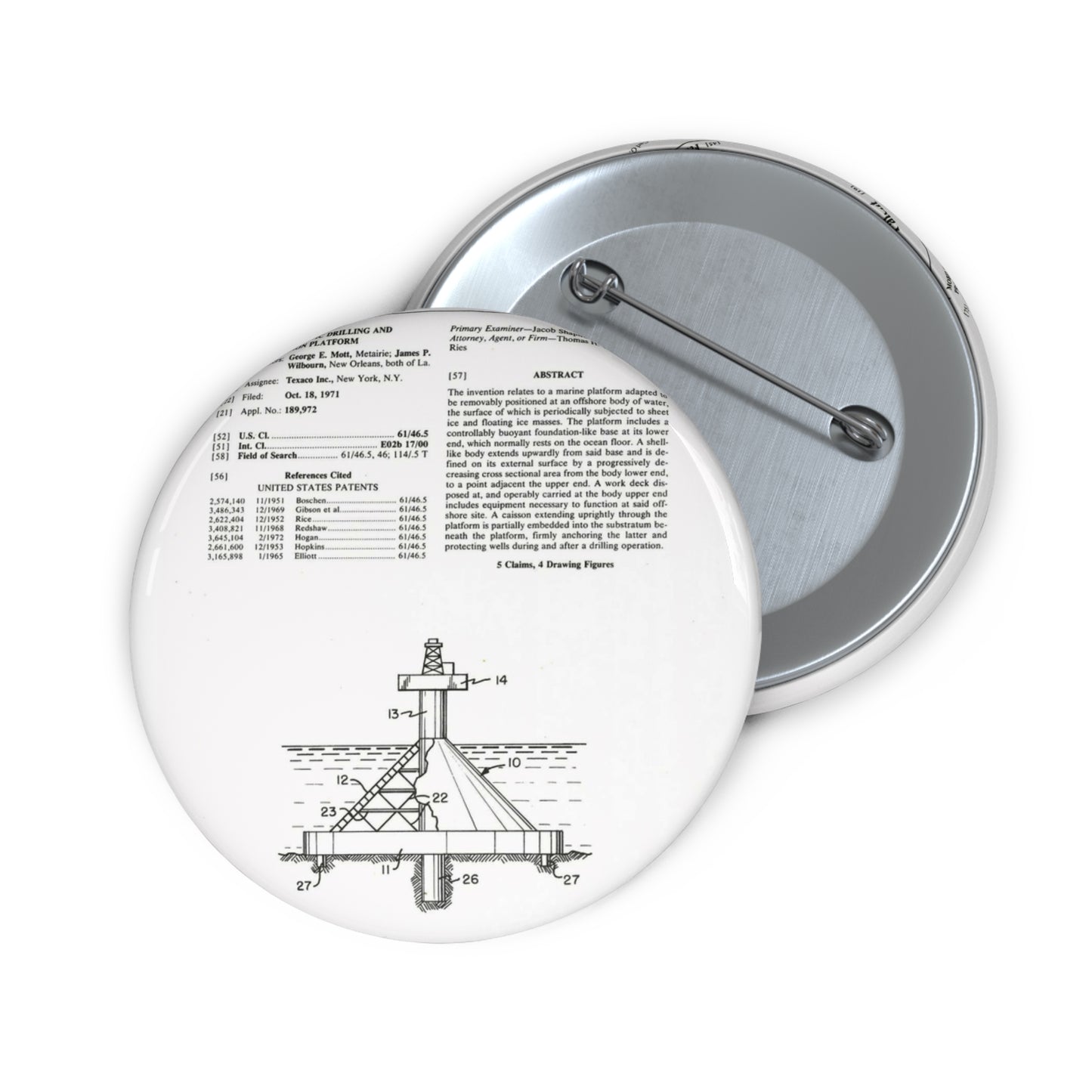 Patent Case File No. 3,793,840, Mobile Arctic Drilling and Production Platform, Inventor(s)- George E. Mott and James P. Wilbourn. - DPLA - 8f260bf2cd8926afbf4da017454f39b3 (page 6) Pin Buttons with Crisp Design