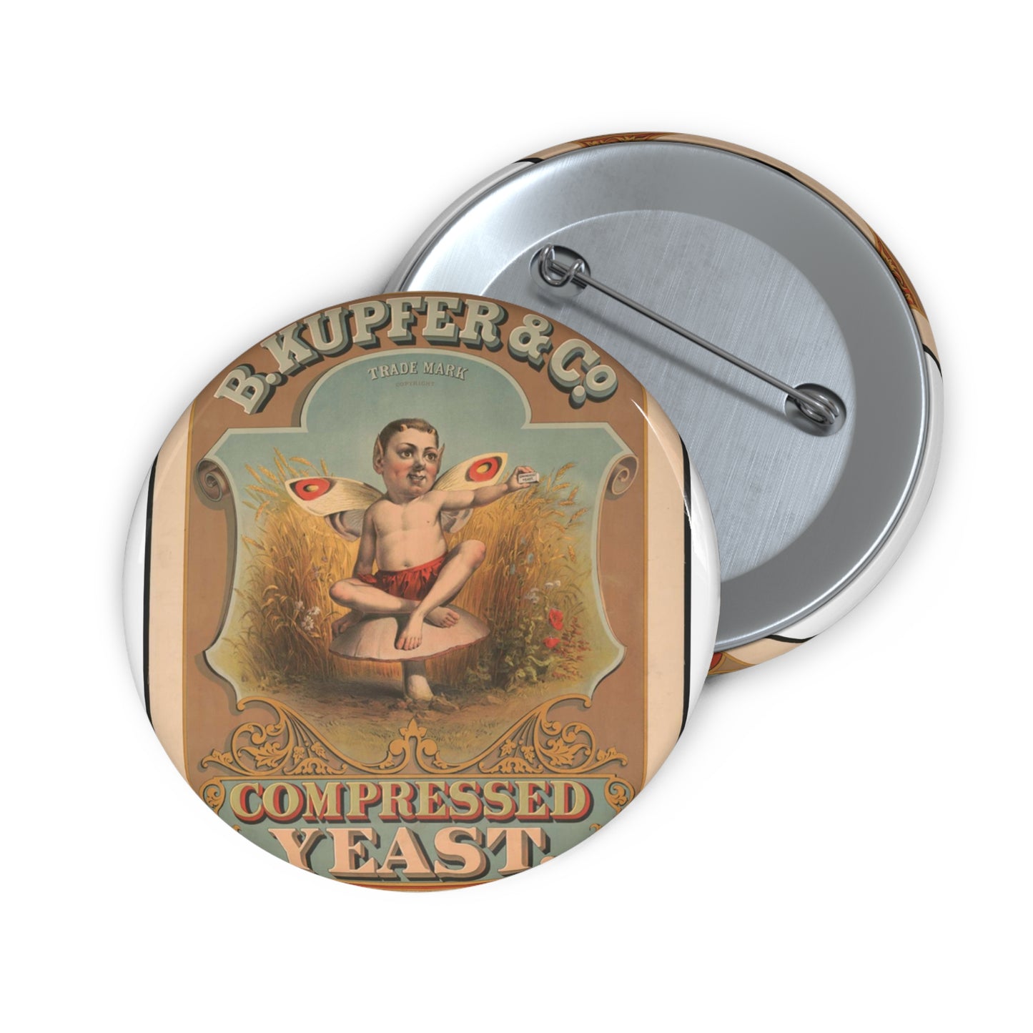B. Kupfer & Co., compressed yeast puck Pin Buttons with Crisp Design