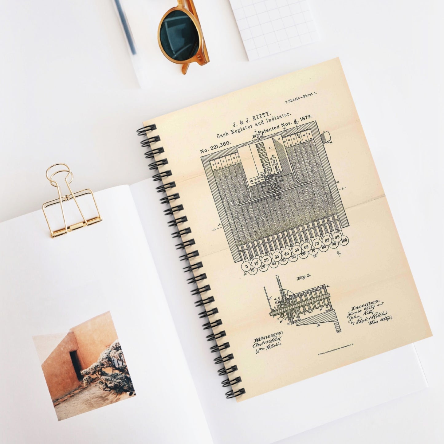 Patent Case File No. 221,360, Improvement in Cash Register and Indicator, Inventors James Ritty and John Ritty - DPLA - 97a8d8a47b402db2ecfd9cac6a3dd8e6 (page 50) Spiral Bound Ruled Notebook with Printed Cover