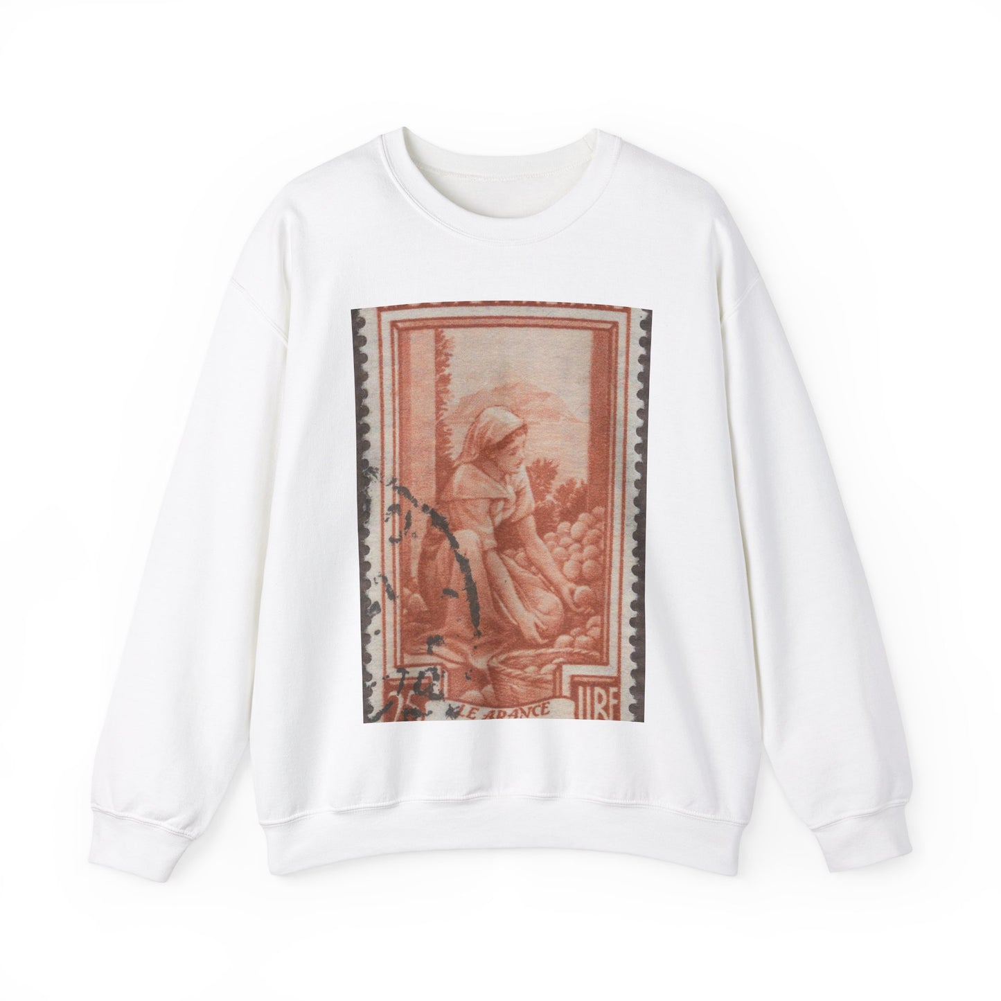 Frimärke ur Gösta Bodmans filatelistiska motivsamling, påbörjad 1950.Frimärke från Italien, 1950. Motiv av apelsinskörd på Sicilien. White Heavy Blend Adult Crew Neck SweatShirt