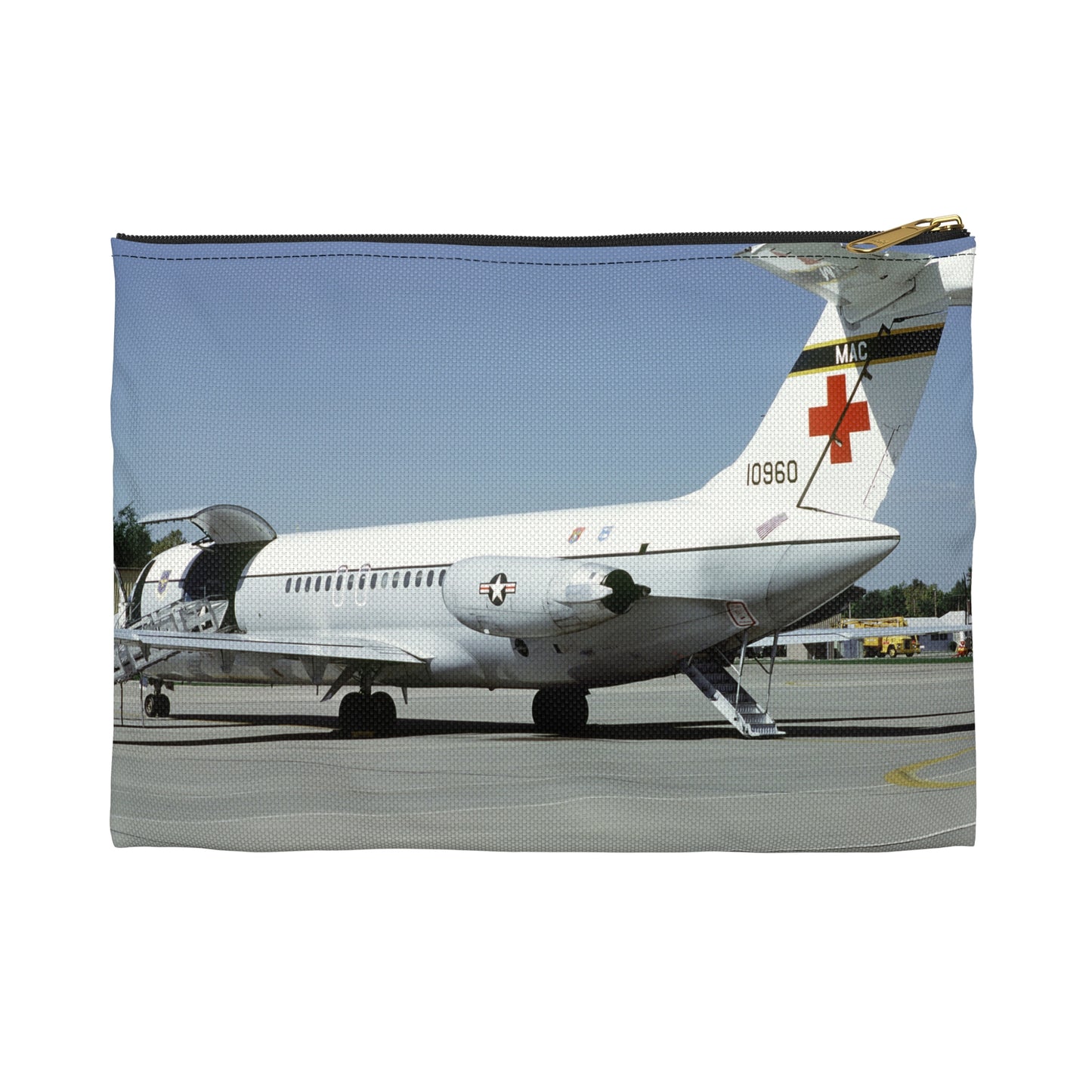 A left rear view of a 375th Aeromedical Airlift Wing a C-9 Nightingale aircraft on the flight line with staircase and loading ramp inposition Large Organizer Pouch with Black Zipper