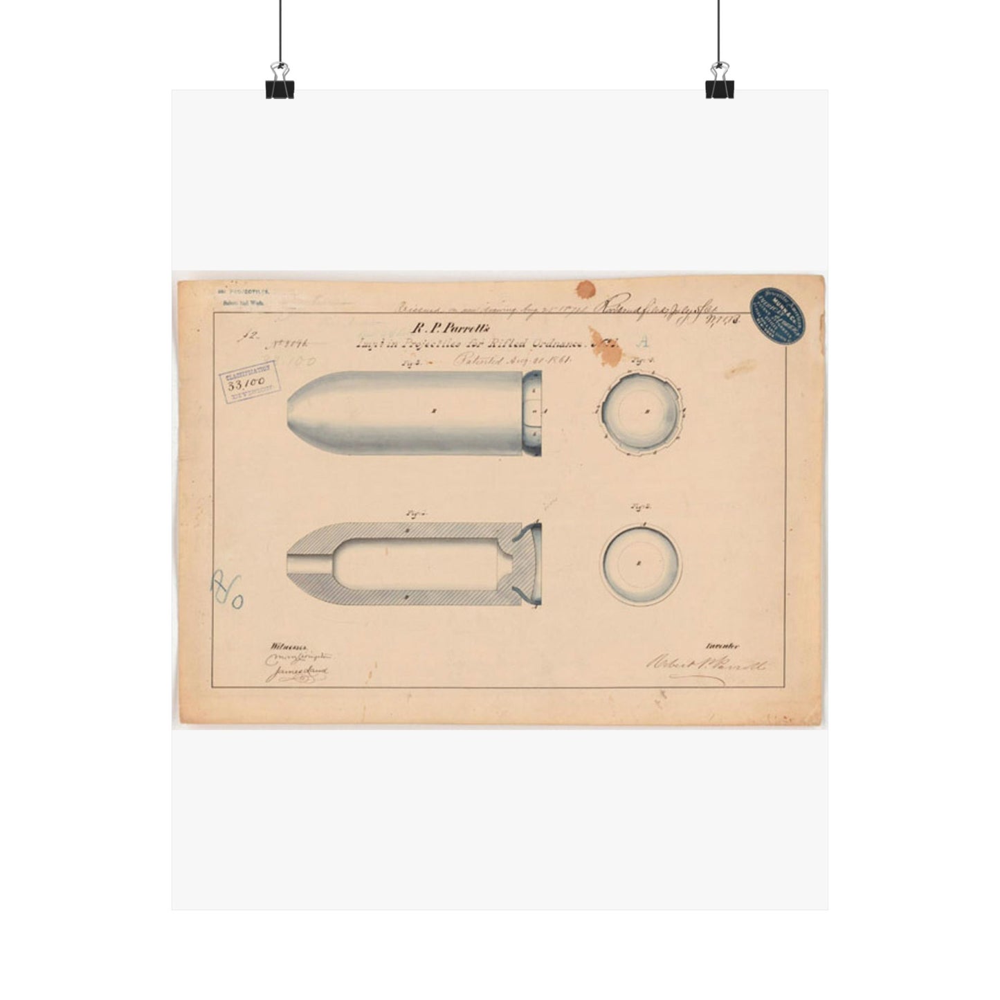 Patent drawing - Drawing of Improvement in Projectiles for Rifled Ordnance Public domain  image High Quality Matte Wall Art Poster for Home, Office, Classroom