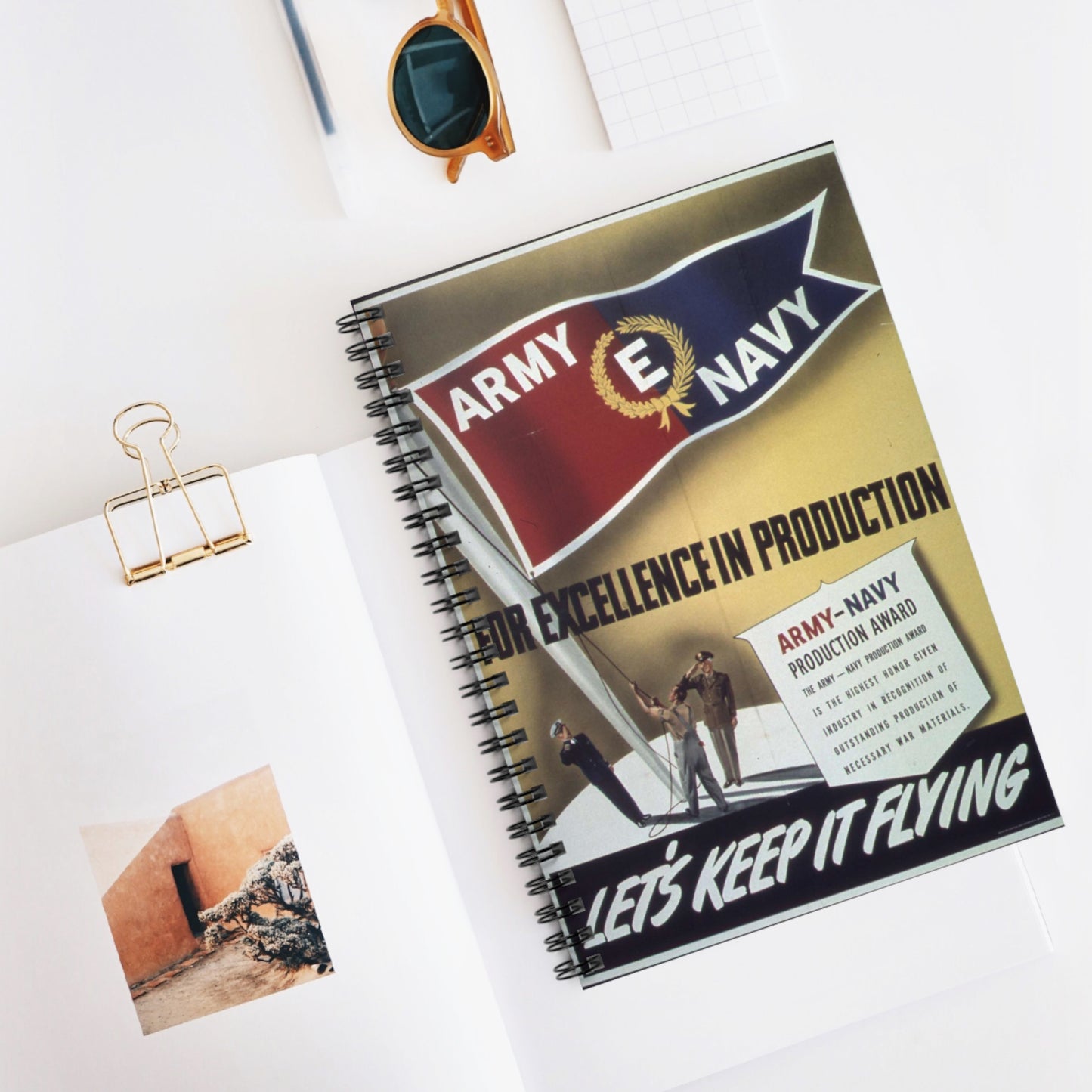 "For Excellence in producton, Army Navy "E" - NARA - 514282 Spiral Bound Ruled Notebook with Printed Cover