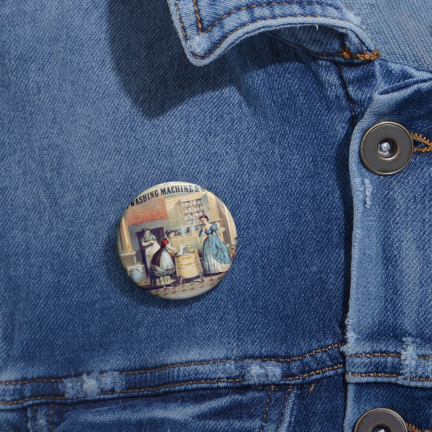 Home washing machine & wringer - A painting of women washing machines in a kitchen Pin Buttons with Crisp Design