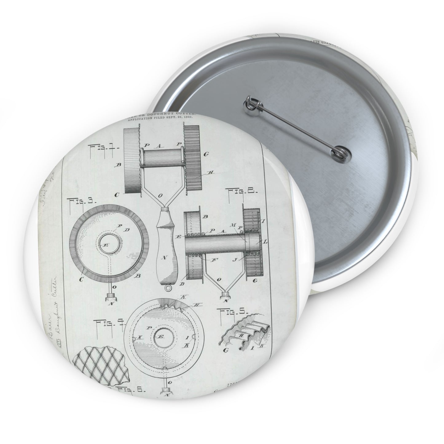 Patent Drawing of Engine - for G. W. Baier's Cake or Doughnut Cutter Public domain  image Pin Buttons with Crisp Design