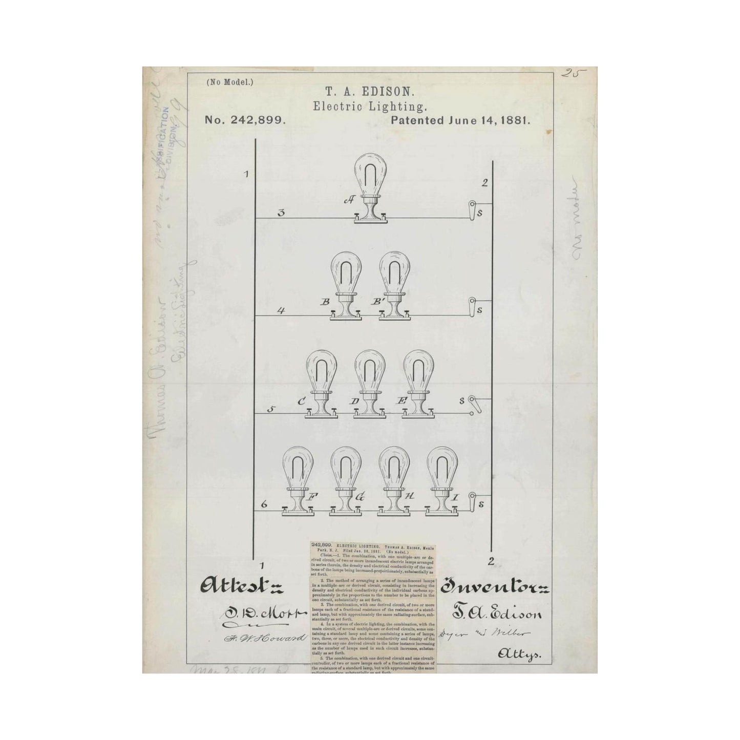 Patent drawing - for T. A. Edison's Electric Lighting Public domain  image High Quality Matte Wall Art Poster for Home, Office, Classroom