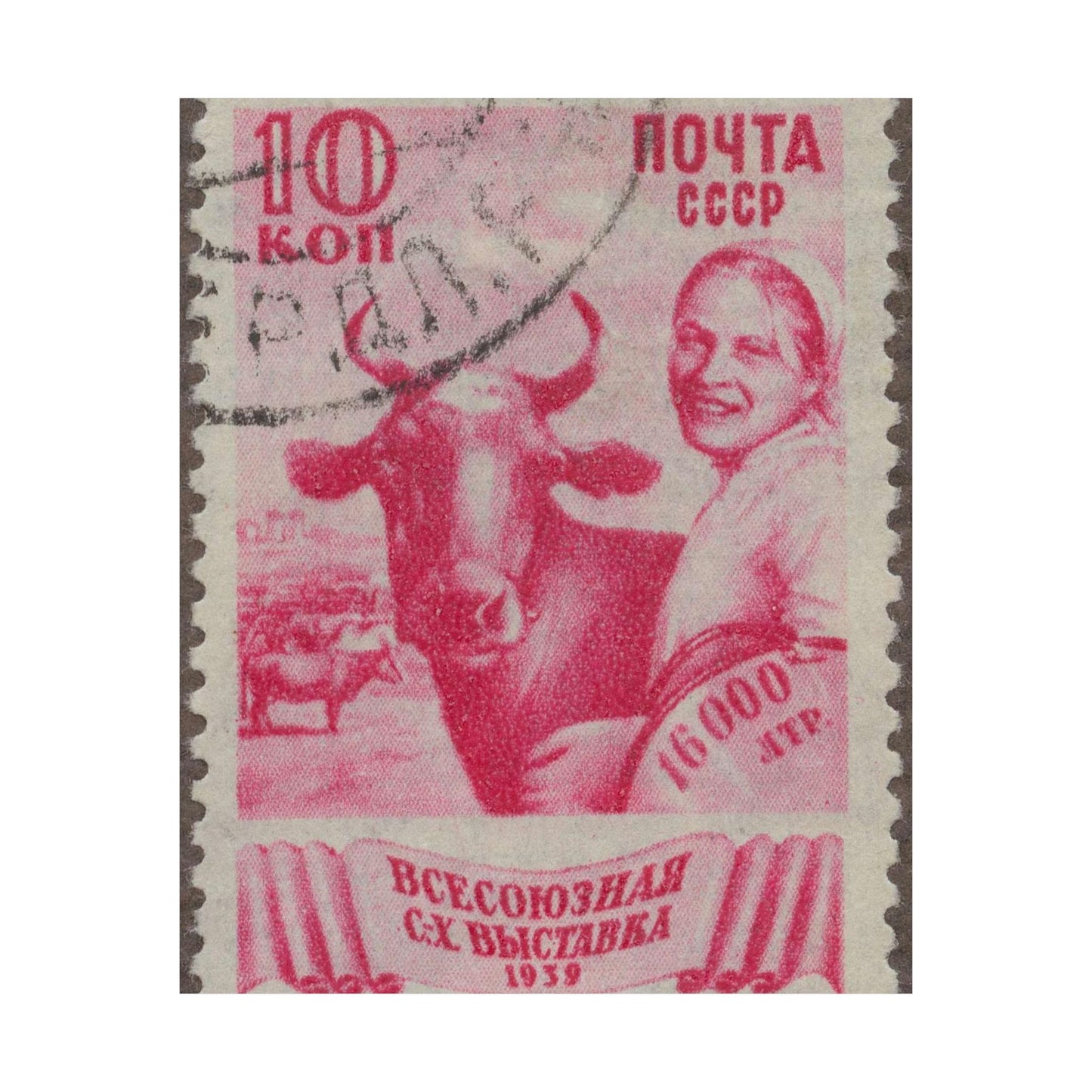 Frimärke ur Gösta Bodmans filatelistiska motivsamling, påbörjad 1950.Frimärke från Ryssland, 1939. Motiv av ko och mjölkerska. "Lantbruksutatällning i Sovjetunionen". High Quality Matte Wall Art Poster for Home, Office, Classroom