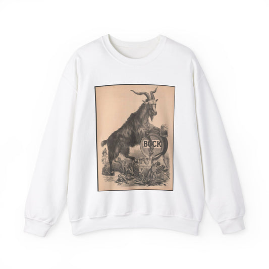 Giant bock goat resting on a keg, holding a mug of beer, men under the goat scrambling White Heavy Blend Adult Crew Neck SweatShirt