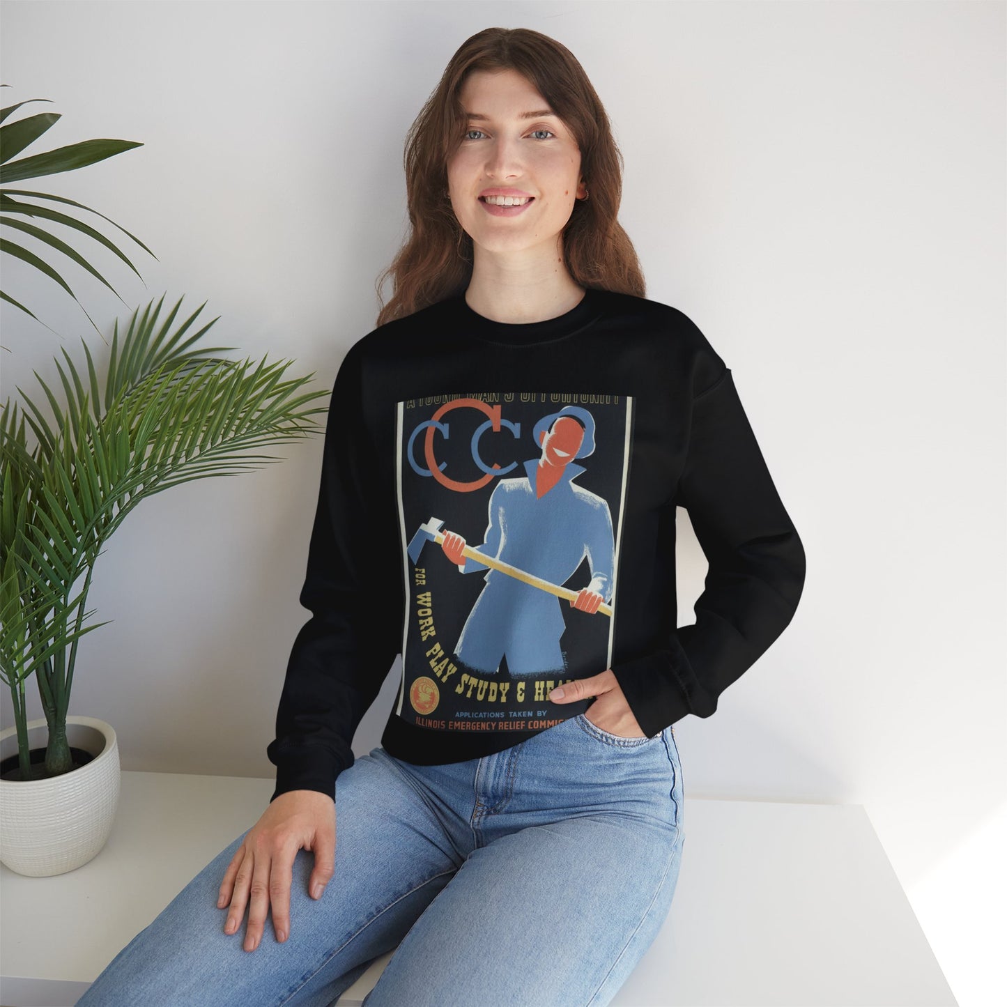 A young man's opportunity for work, play, study & health / Bender ; made by Illinois WPA Art Project, Chicago. Black Heavy Blend Adult Crew Neck SweatShirt