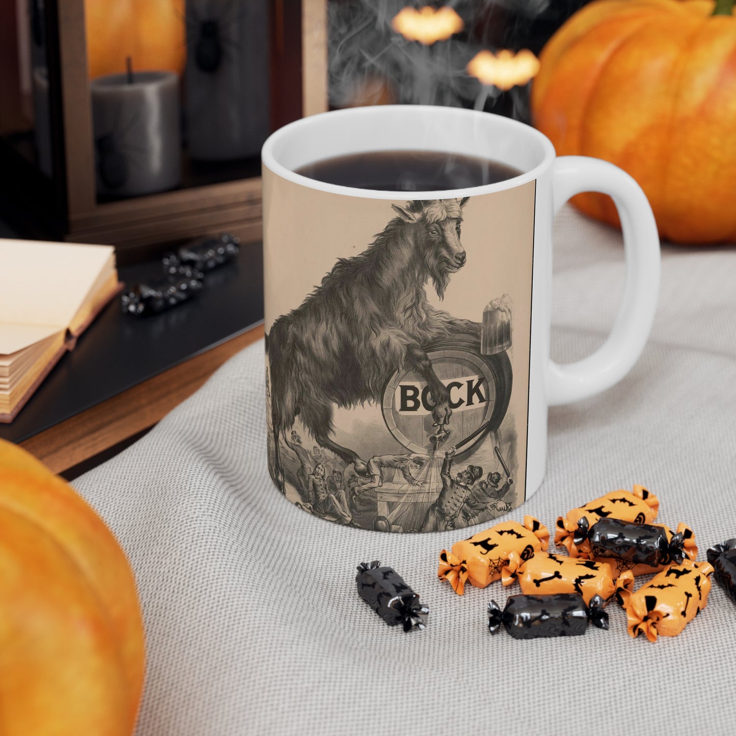 Giant bock goat resting on a keg, holding a mug of beer, men under the goat scrambling Beautiful Novelty Ceramic Coffee Mug 11oz