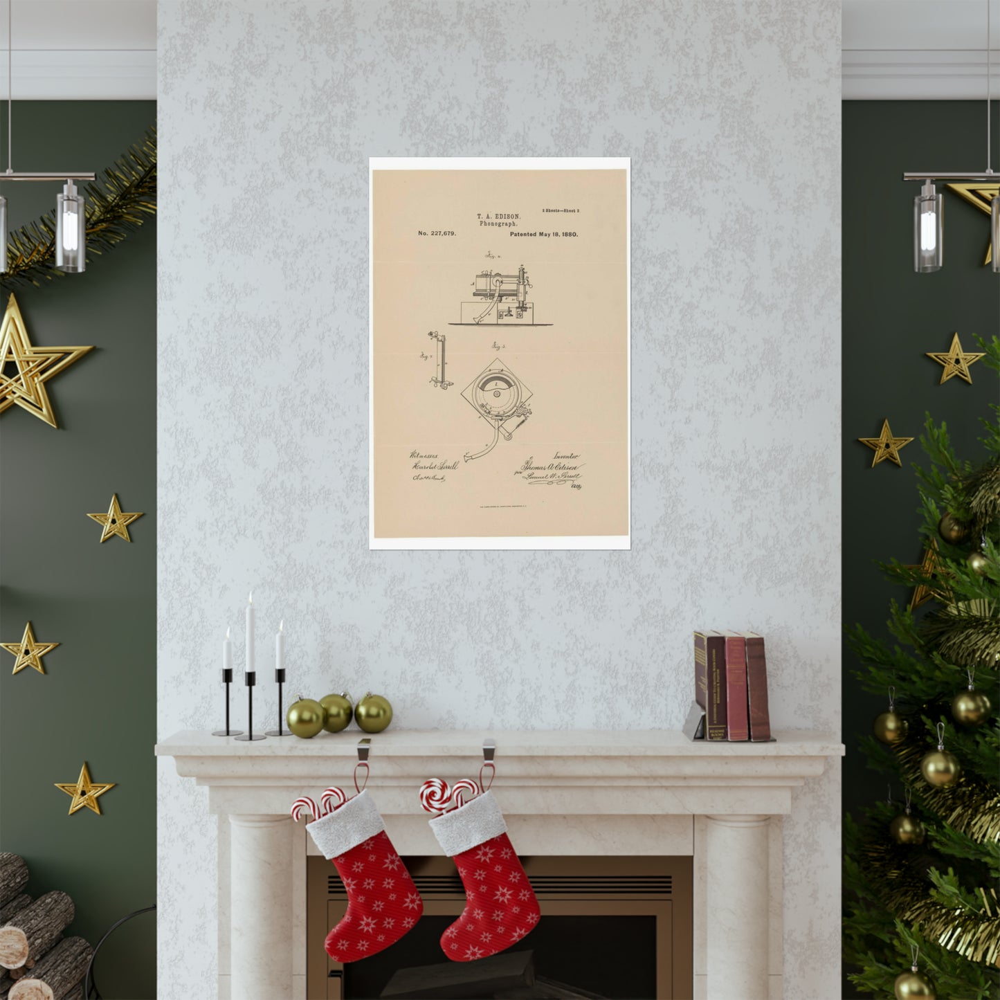 Patent Drawing of Engine - Drawing for a Phonograph Public domain  image High Quality Matte Wall Art Poster for Home, Office, Classroom