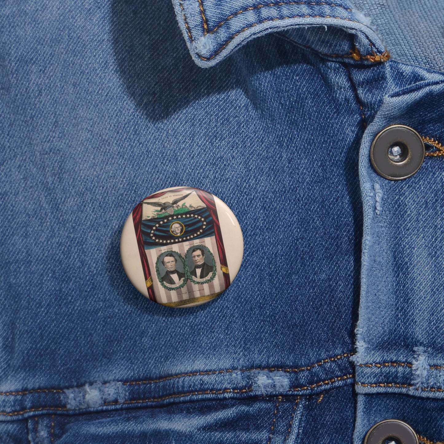 Grand, national, democratic banner - press onward - portraits from daguerreotype / lith. & pub. by N. Currier. Pin Buttons with Crisp Design