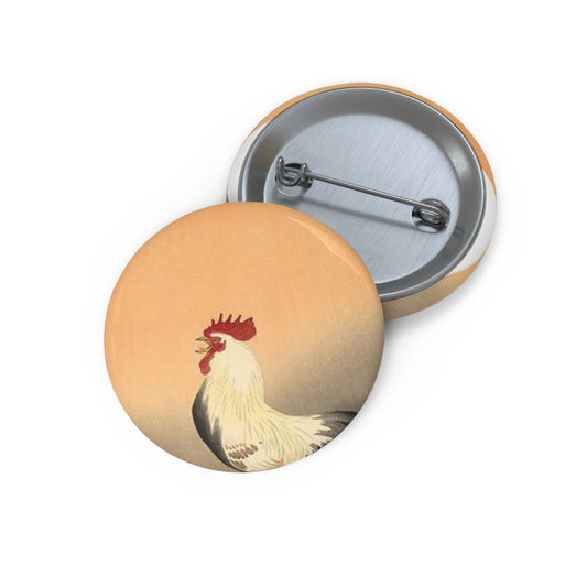 Koson - rooster-and-hen-at-sunrise, Ohara Koson Pin Buttons with Crisp Design