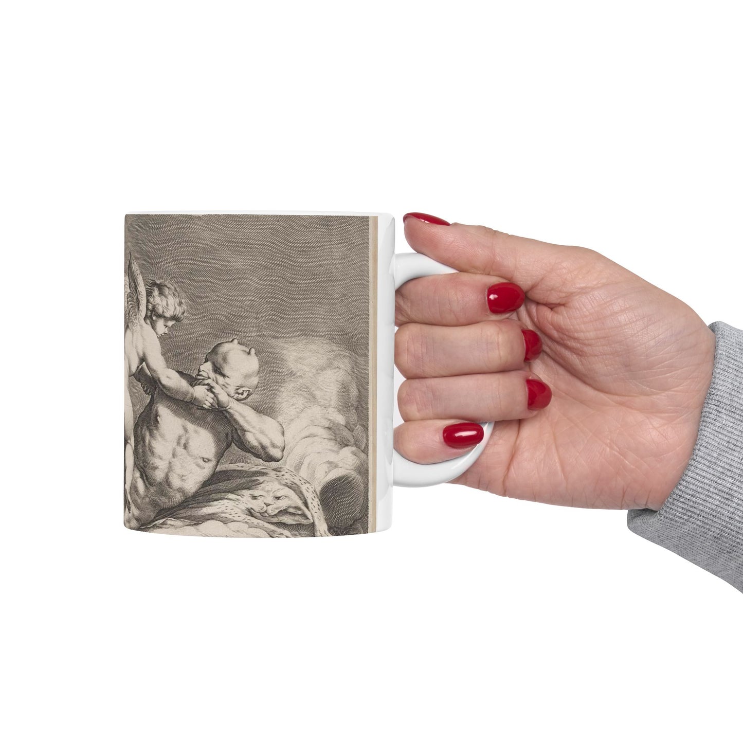 Cupid wrestling with Pan, amongst the clouds, with two allegorical women seated at left Beautiful Novelty Ceramic Coffee Mug 11oz