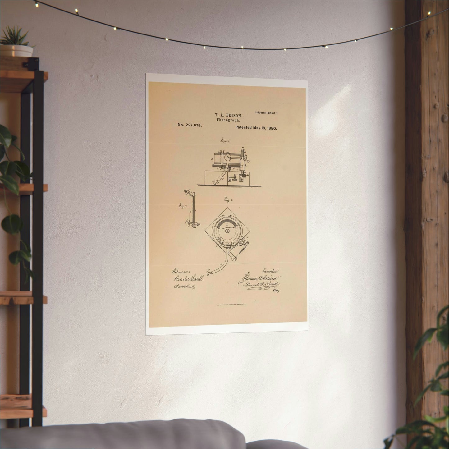 Patent Drawing of Engine - Drawing for a Phonograph Public domain  image High Quality Matte Wall Art Poster for Home, Office, Classroom