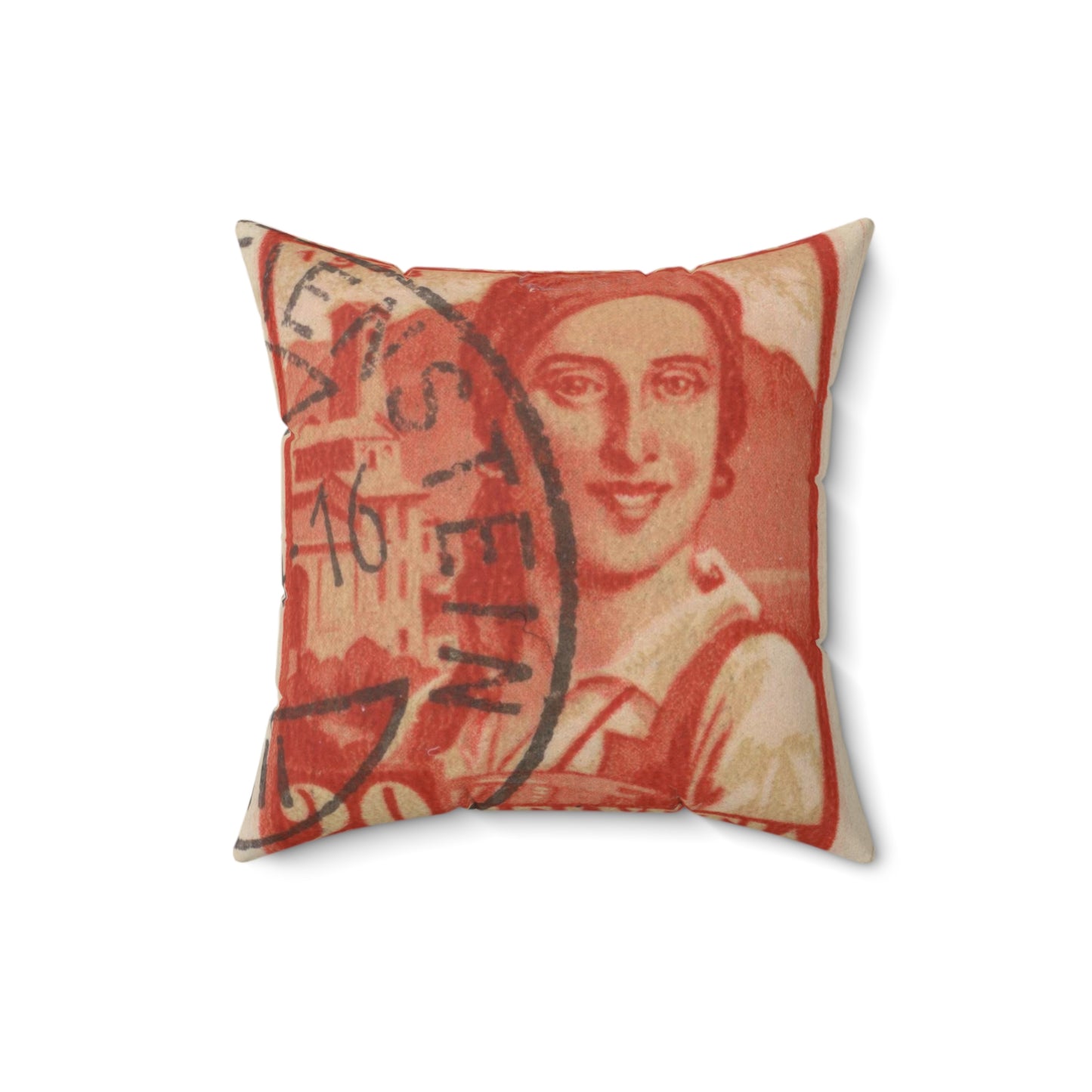 Frimärke ur Gösta Bodmans filatelistiska motivsamling, påbörjad 1950.Frimärke från Schweiz, 1933. Motiv av kvinnodräkt, Tessin. Decorative Accent Square Pillow