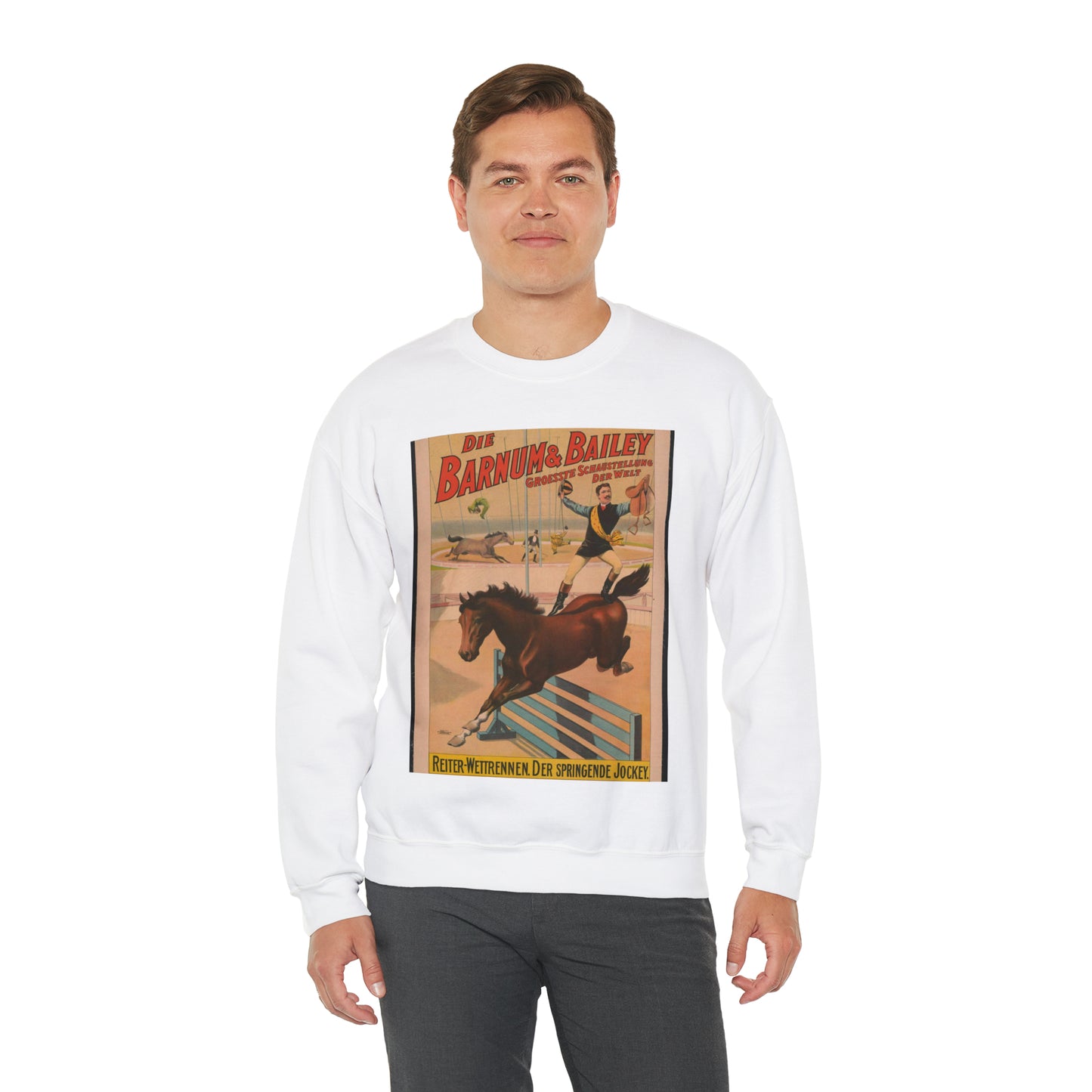 Die Barnum & Bailey groesste schaustellung der welt Reiter-wettrennen. Der Springende jockey.. White Heavy Blend Adult Crew Neck SweatShirt