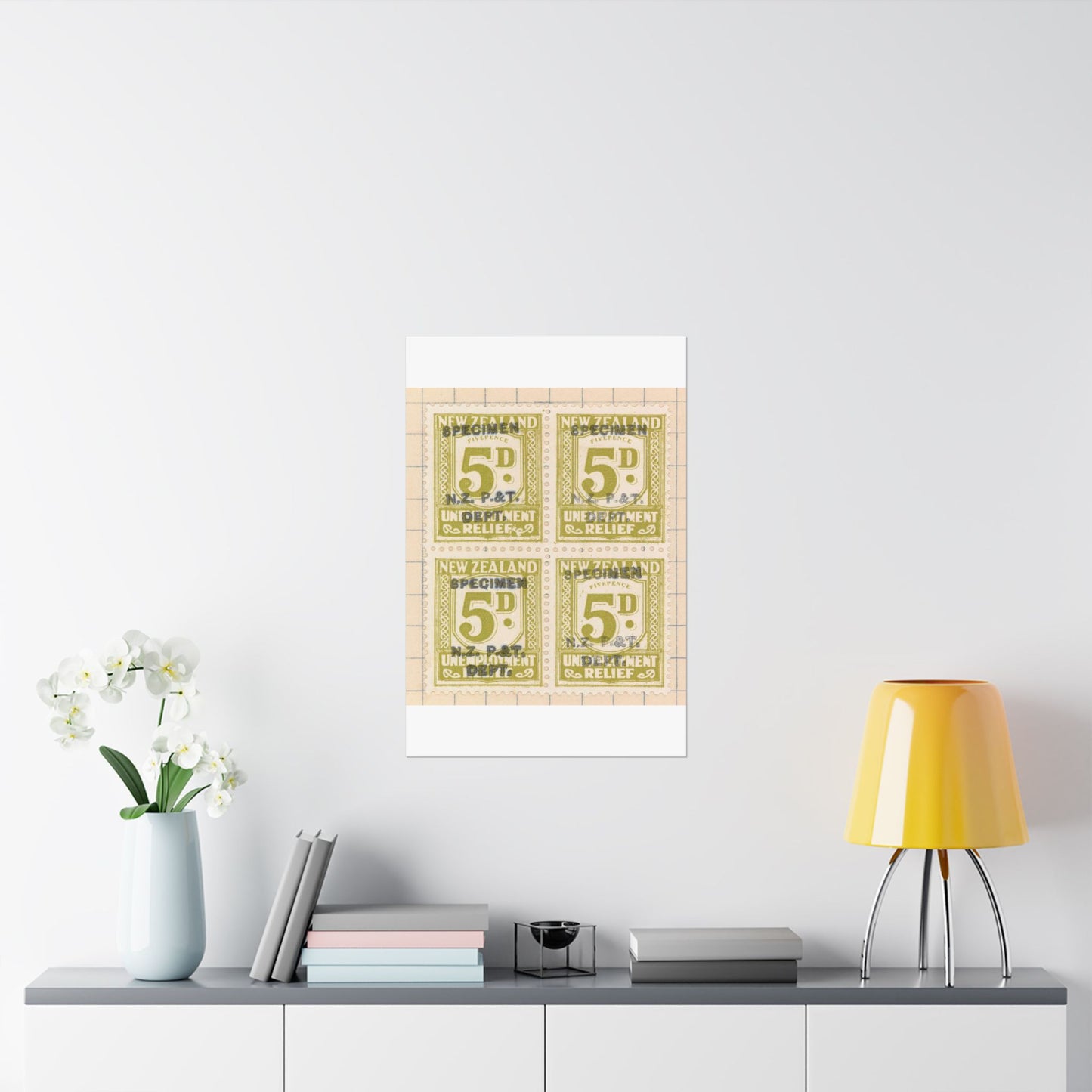 Block of five penny Unemployment Relief stamps overprinted 'Specimen' High Quality Matte Wall Art Poster for Home, Office, Classroom