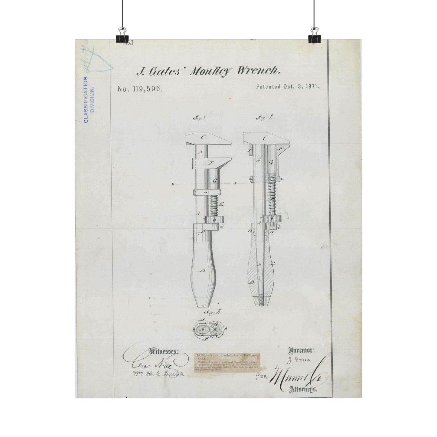 Patent Drawing of Engine - for J. Gates' Monkey Wrench Public domain  image High Quality Matte Wall Art Poster for Home, Office, Classroom