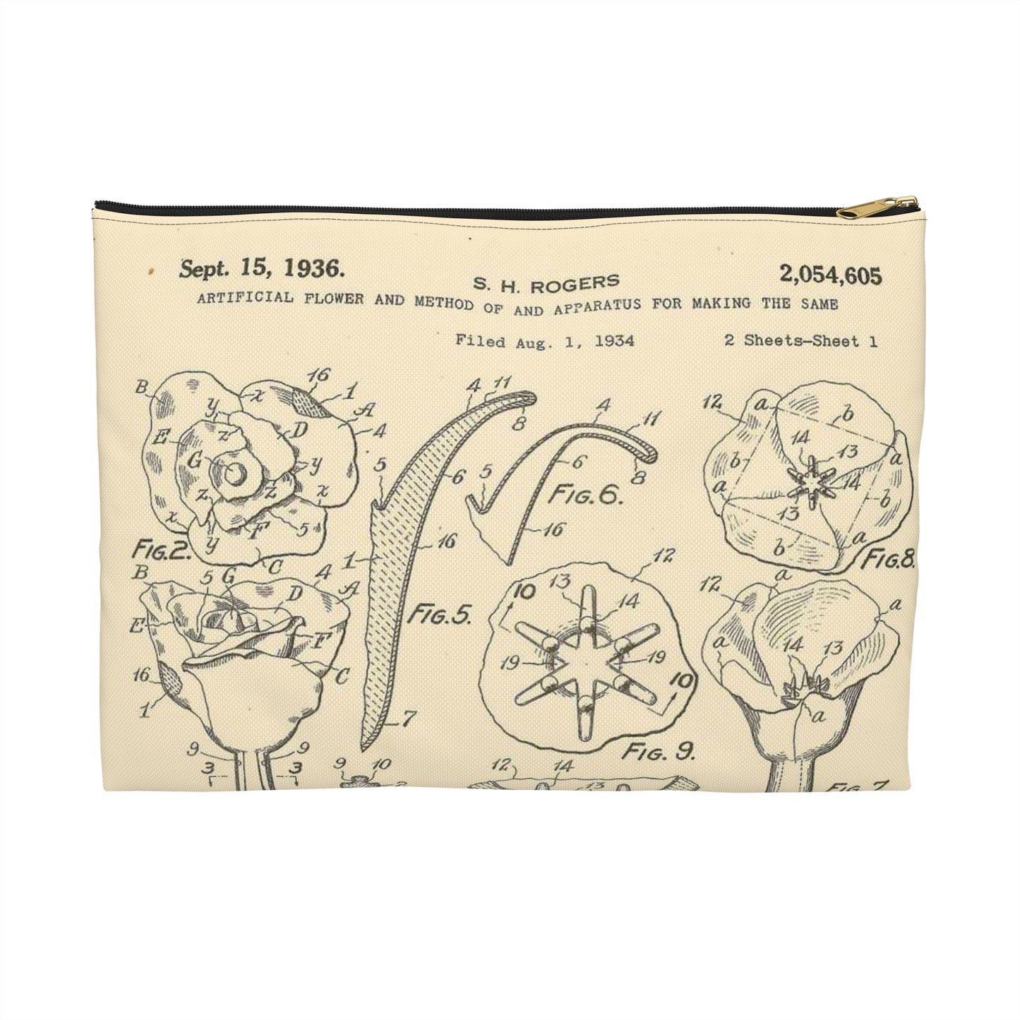 Patent Case File No. 2,054,605, Artificial Flower and Method of and Apparatus for Making the Same, Inventor- Stewart H. Rogers. - DPLA - ffbbbc6a0556e6406954e2be06fe50d6 (page 6) Large Organizer Pouch with Black Zipper