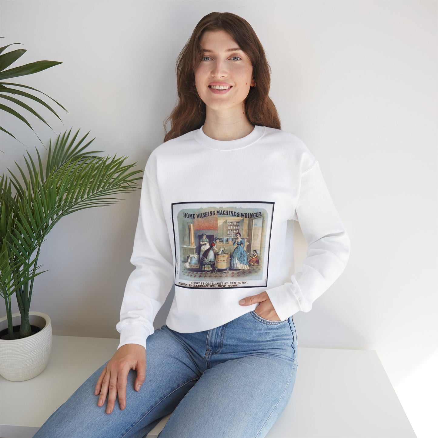 Home washing machine & wringer - A painting of women washing machines in a kitchen White Heavy Blend Adult Crew Neck SweatShirt