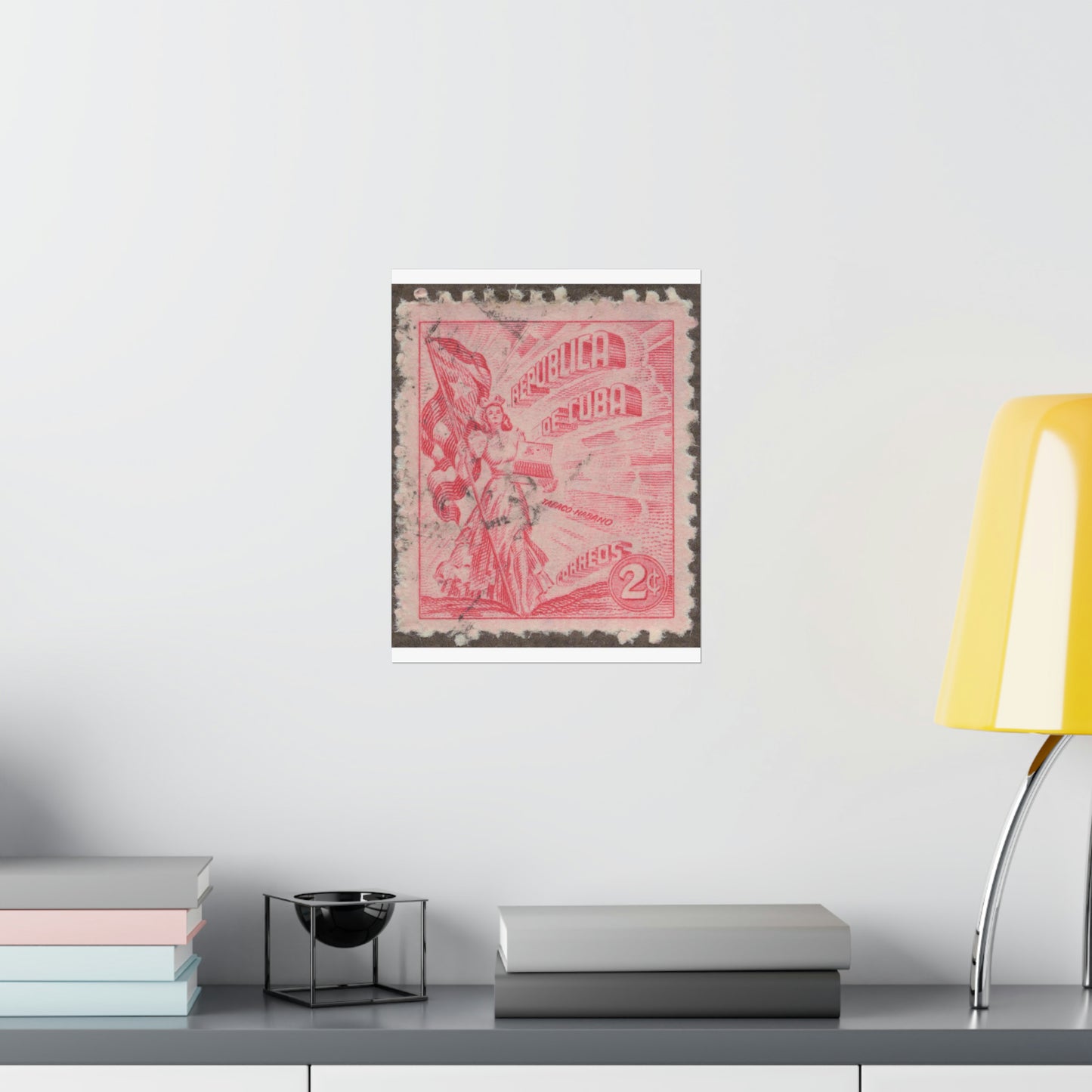 Frimärke ur Gösta Bodmans filatelistiska motivsamling, påbörjad 1950.Frimärke från Cuba, 1948. Motiv av kvinnosymbol för friheten med cigrarrlåda och flagga. High Quality Matte Wall Art Poster for Home, Office, Classroom