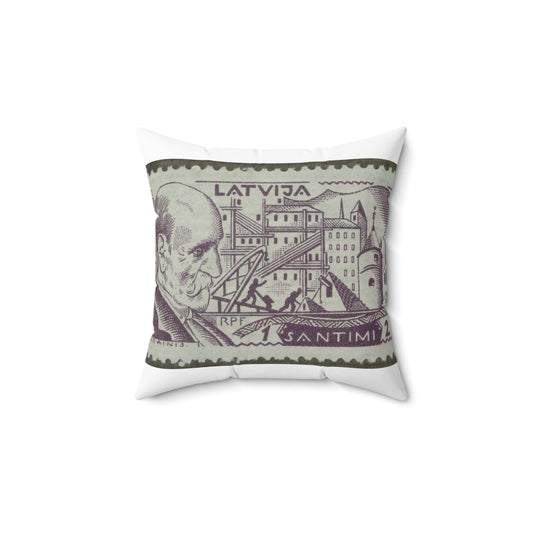 Frimärke ur Gösta Bodmans filatelistiska motivsamling, påbörjad 1950.Frimärke från Lettland, 1930. Motiv av byggnadsarbetare för ett monument över författare Rainis. Decorative Accent Square Pillow