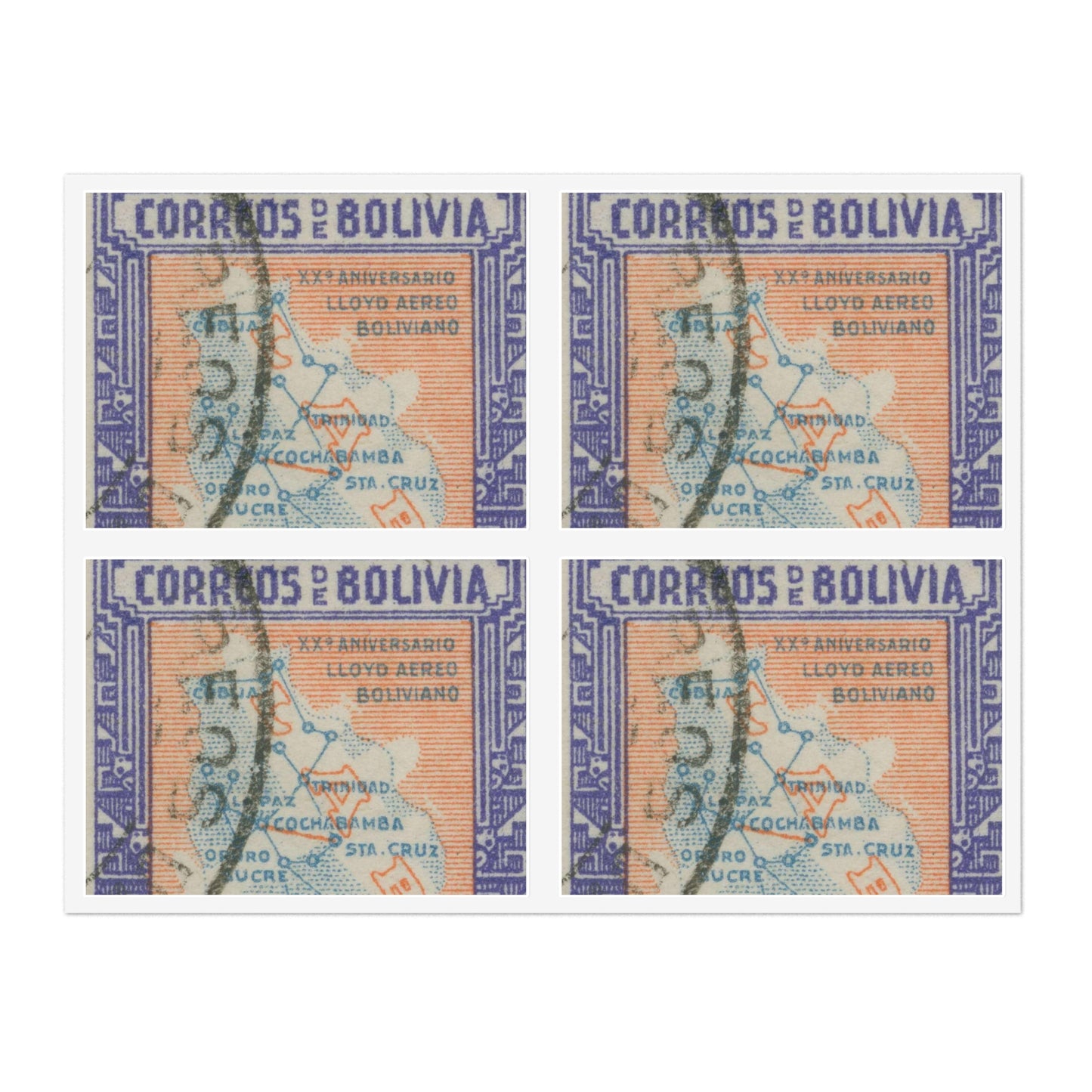 Frimärke ur Gösta Bodmans filatelistiska motivsamling, påbörjad 1950.Frimärke från Bolivia, 1945. Motiv av karta över Bolivias flyglinjer. "20-årsminne av flygbolaget "Lloyd Aéreo Bolivianos" grundande 1925-1945". Laminated UV Protective Vinyl Stickers