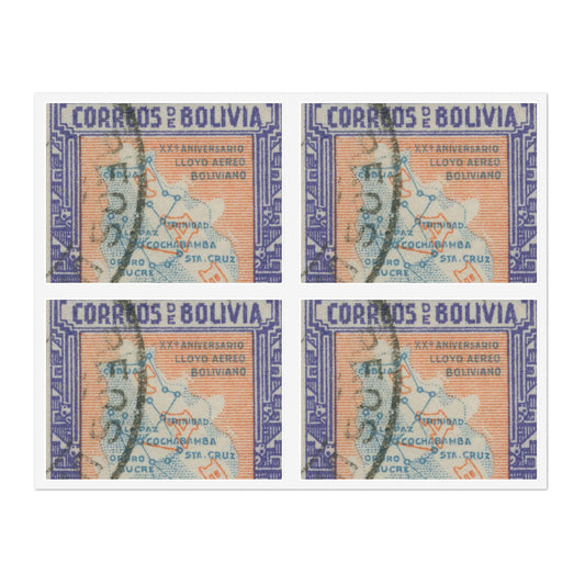 Frimärke ur Gösta Bodmans filatelistiska motivsamling, påbörjad 1950.Frimärke från Bolivia, 1945. Motiv av karta över Bolivias flyglinjer. "20-årsminne av flygbolaget "Lloyd Aéreo Bolivianos" grundande 1925-1945". Laminated UV Protective Vinyl Stickers