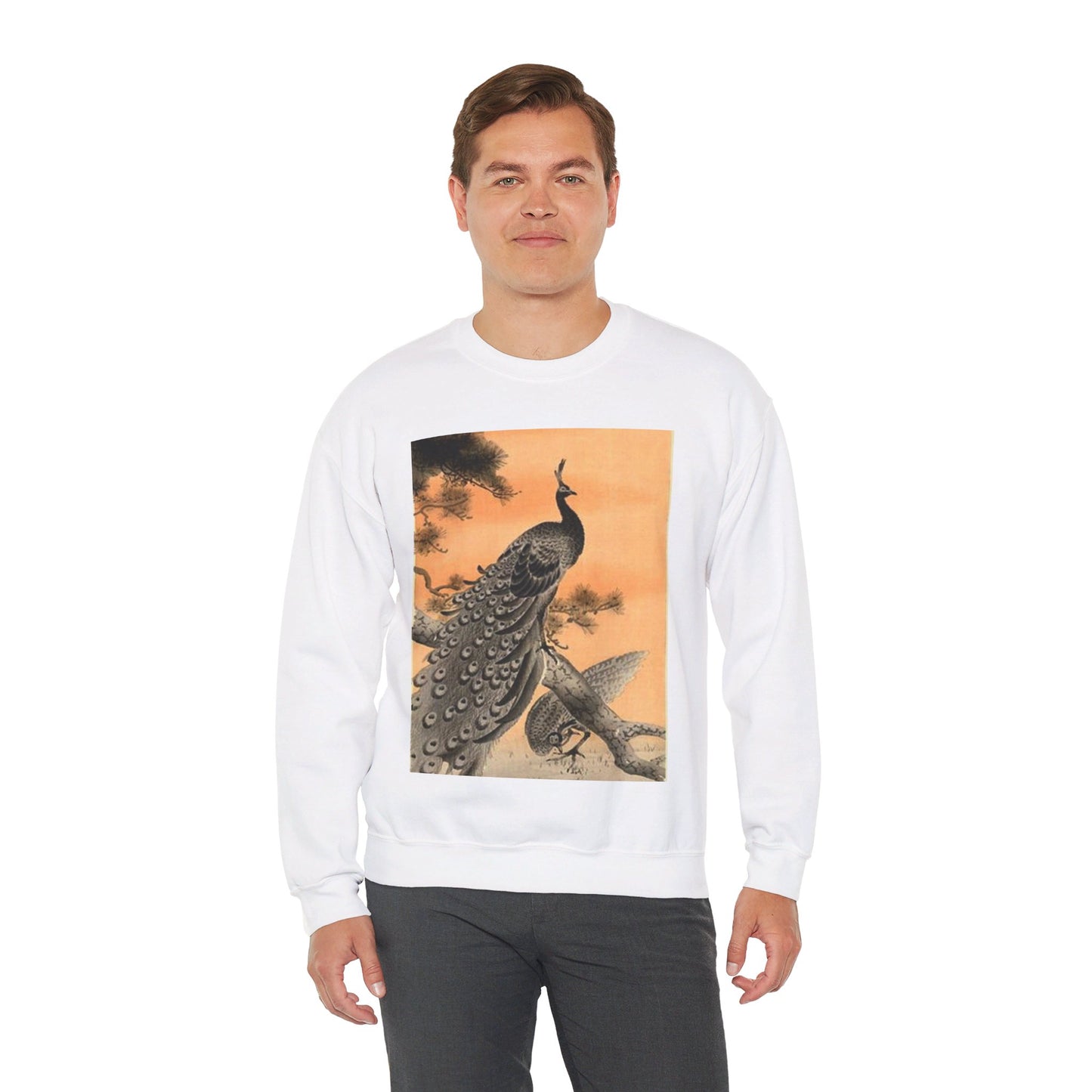 Koson - peacock-and-hen, Ohara Koson White Heavy Blend Adult Crew Neck SweatShirt