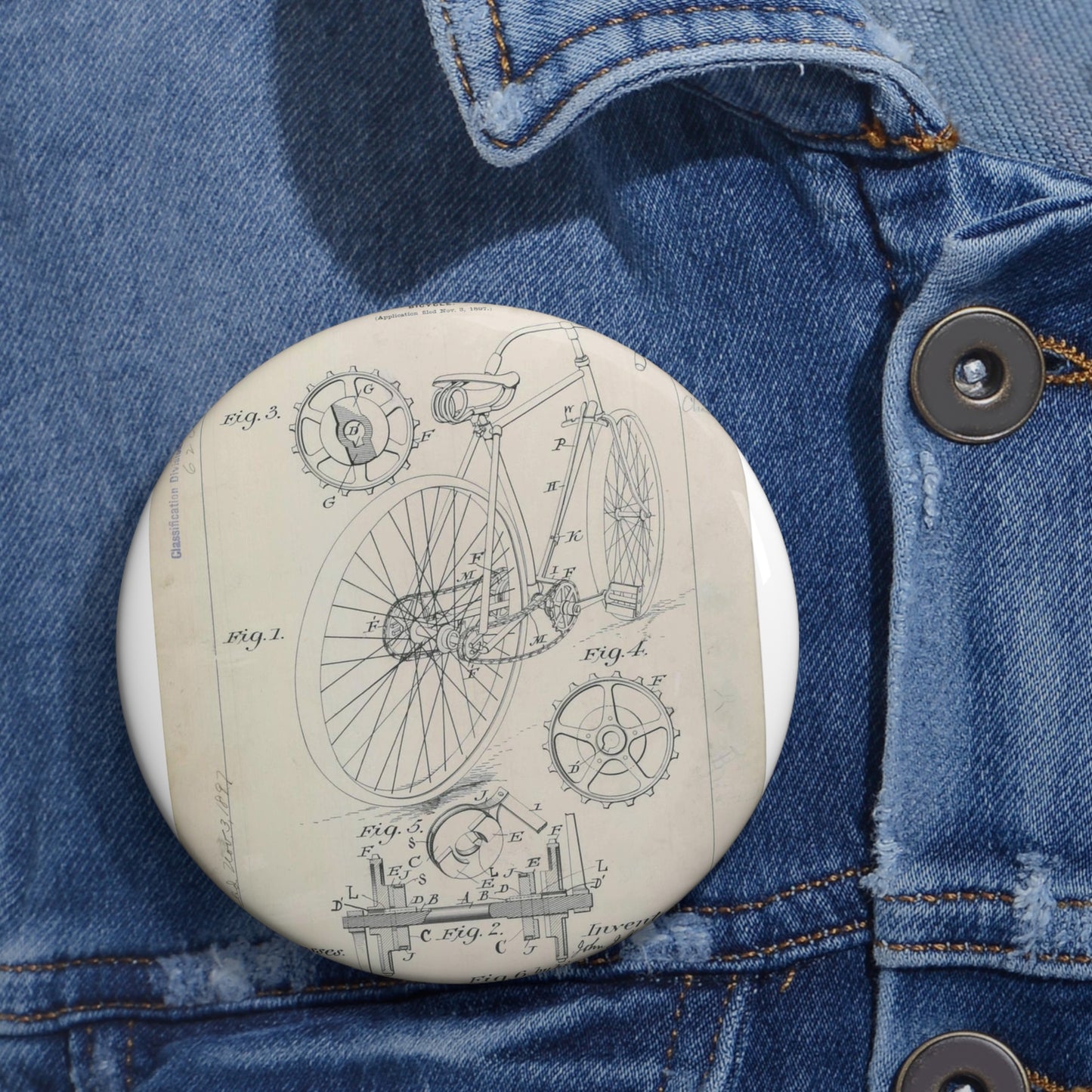 Patent drawing - for J. J. Hentz' Bicycle Public domain  image Pin Buttons with Crisp Design
